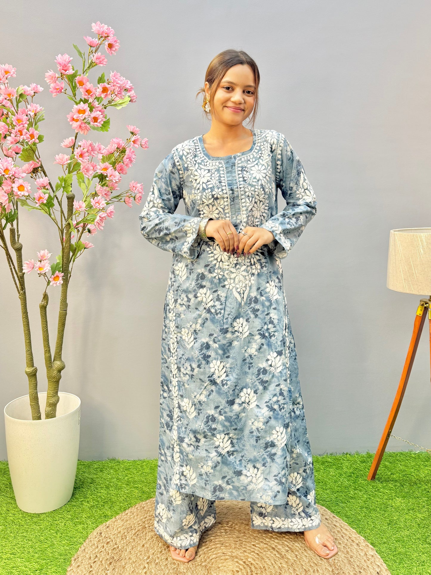 Dusty blue printed Lucknow chikankari kurta and palazzo set in soft mulmul fabric
