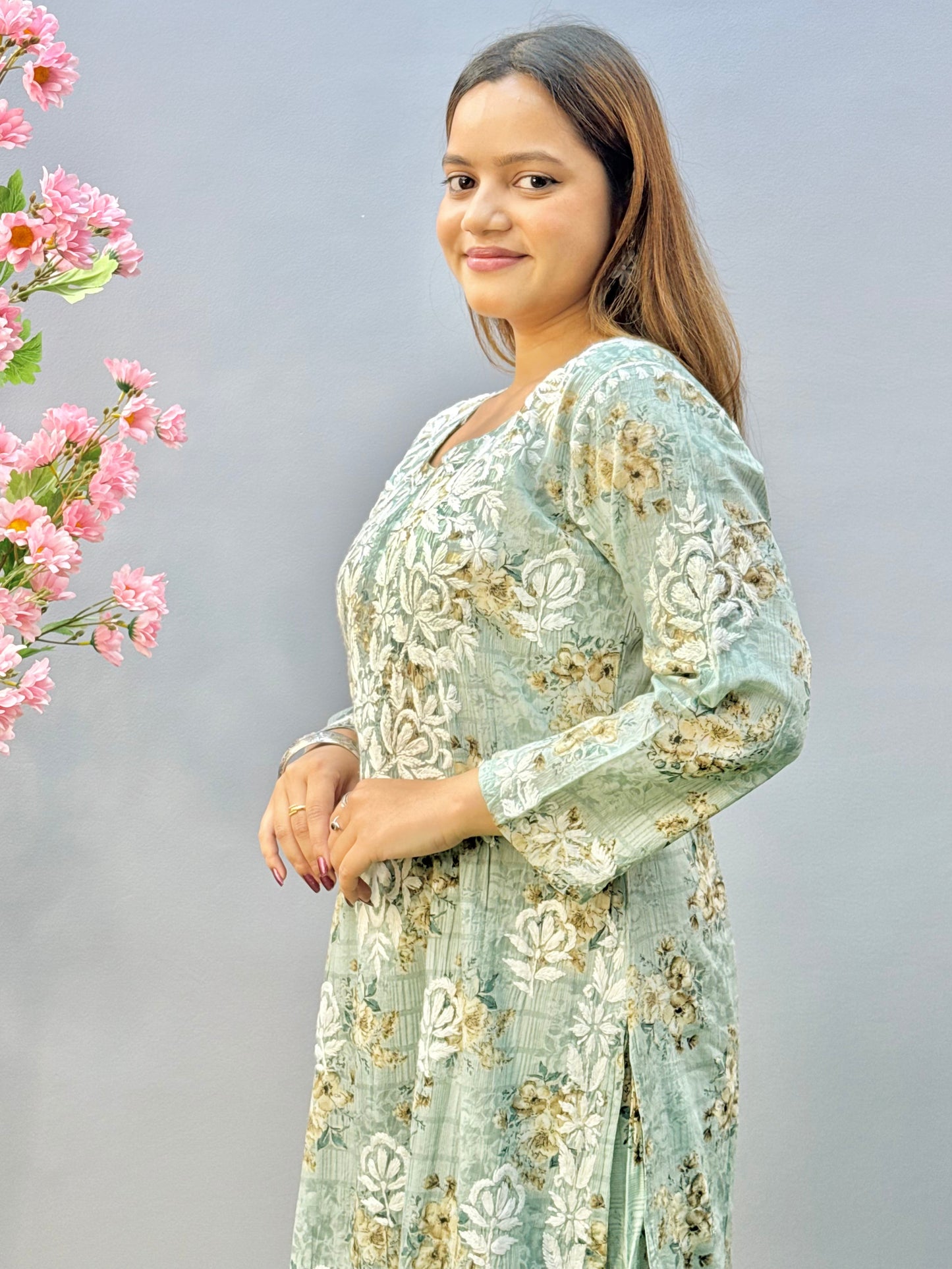 Mint green floral mulmul chikankari kurta and palazzo set with lace detailing