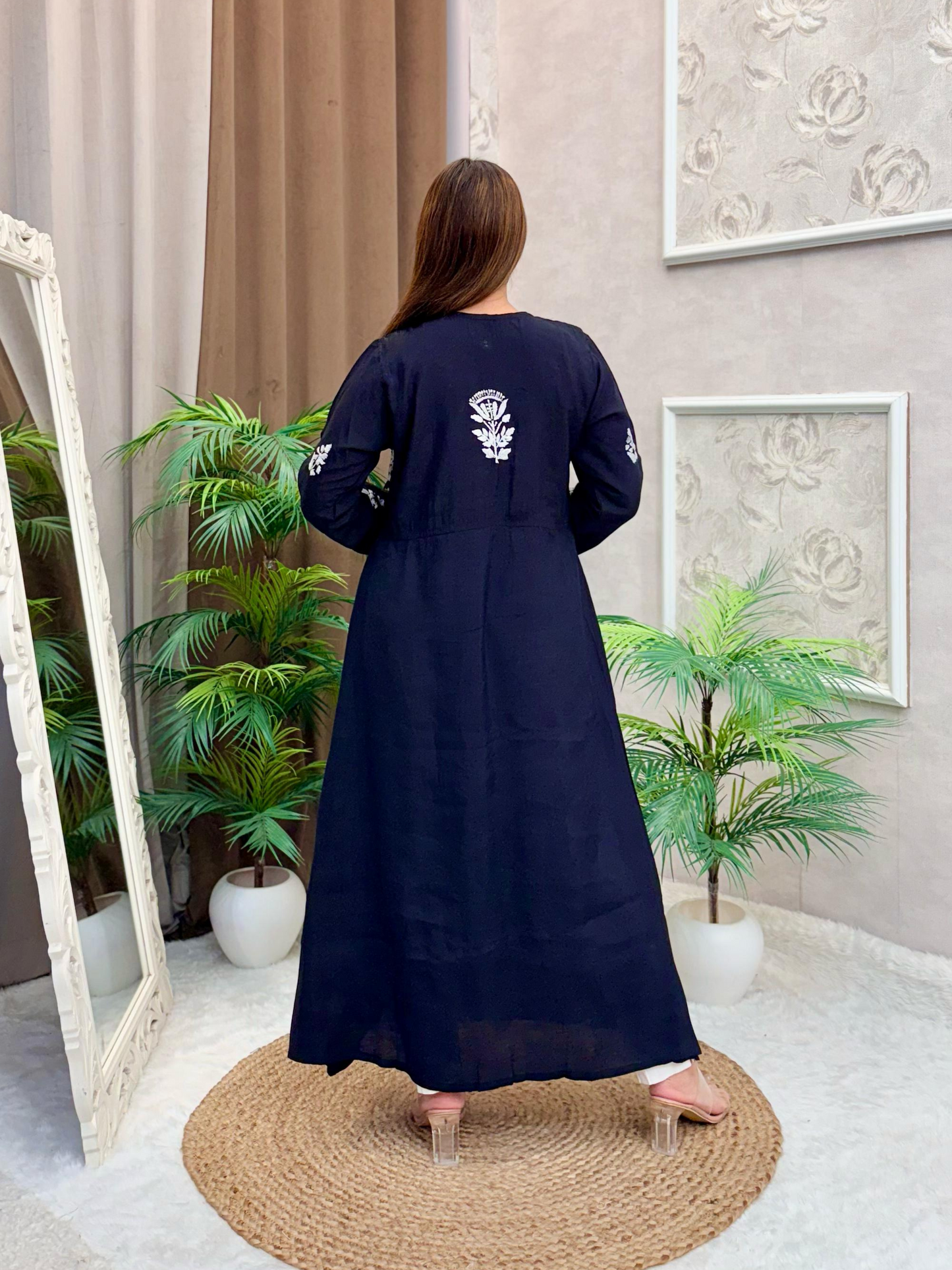 Black Chanderi Lucknow Chikankari angrakha kurta with white hand embroidery