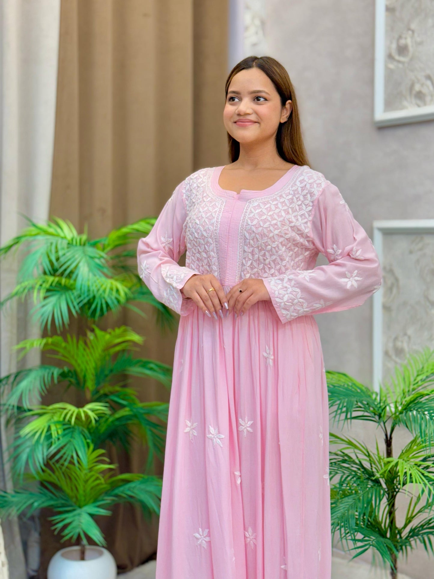 Baby pink modal Lucknow Chikankari long frock kurta with delicate hand embroidery