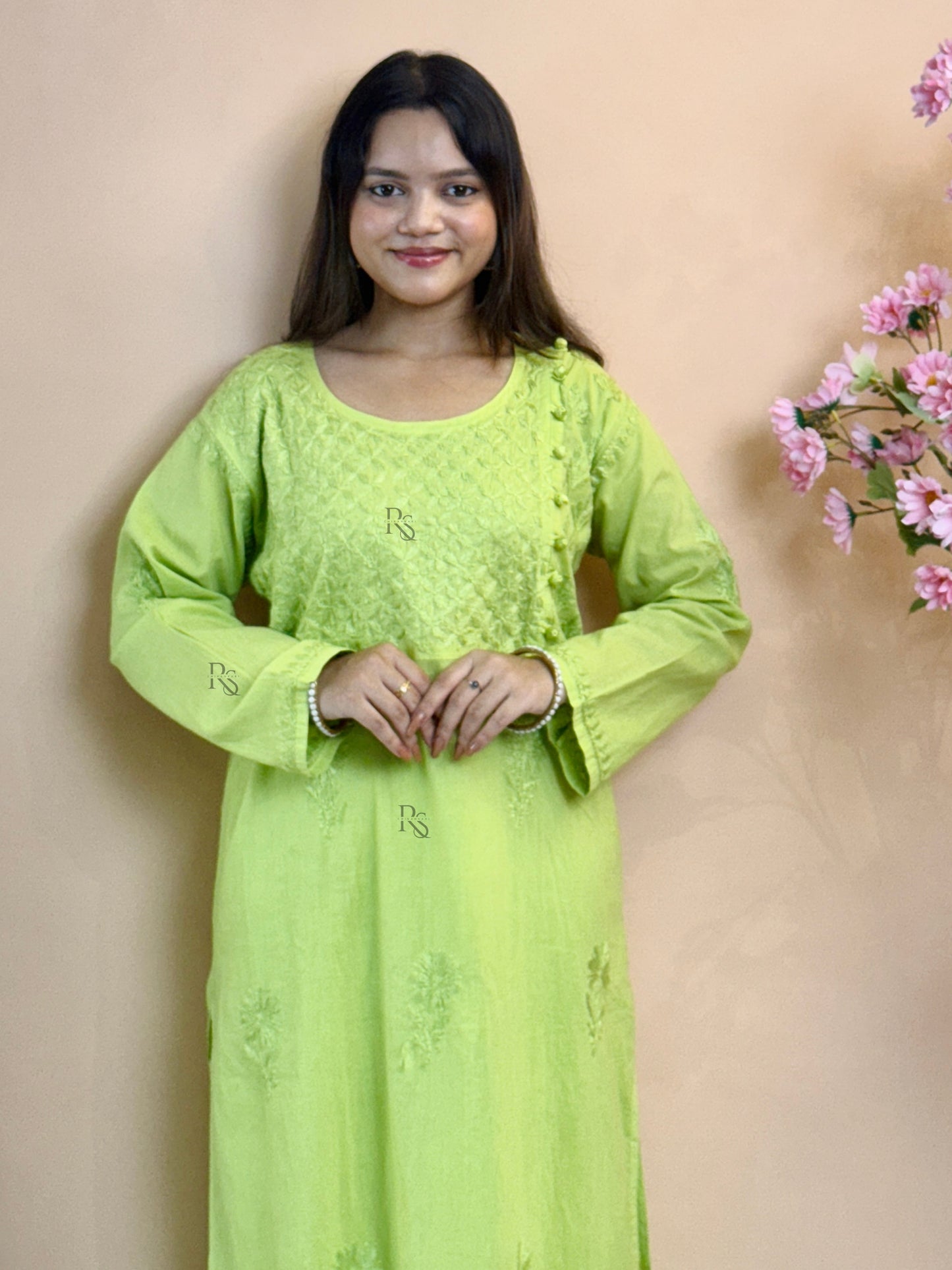 Lime green cotton chikankari kurta with matching stretch pant, hand embroidered ethnic set