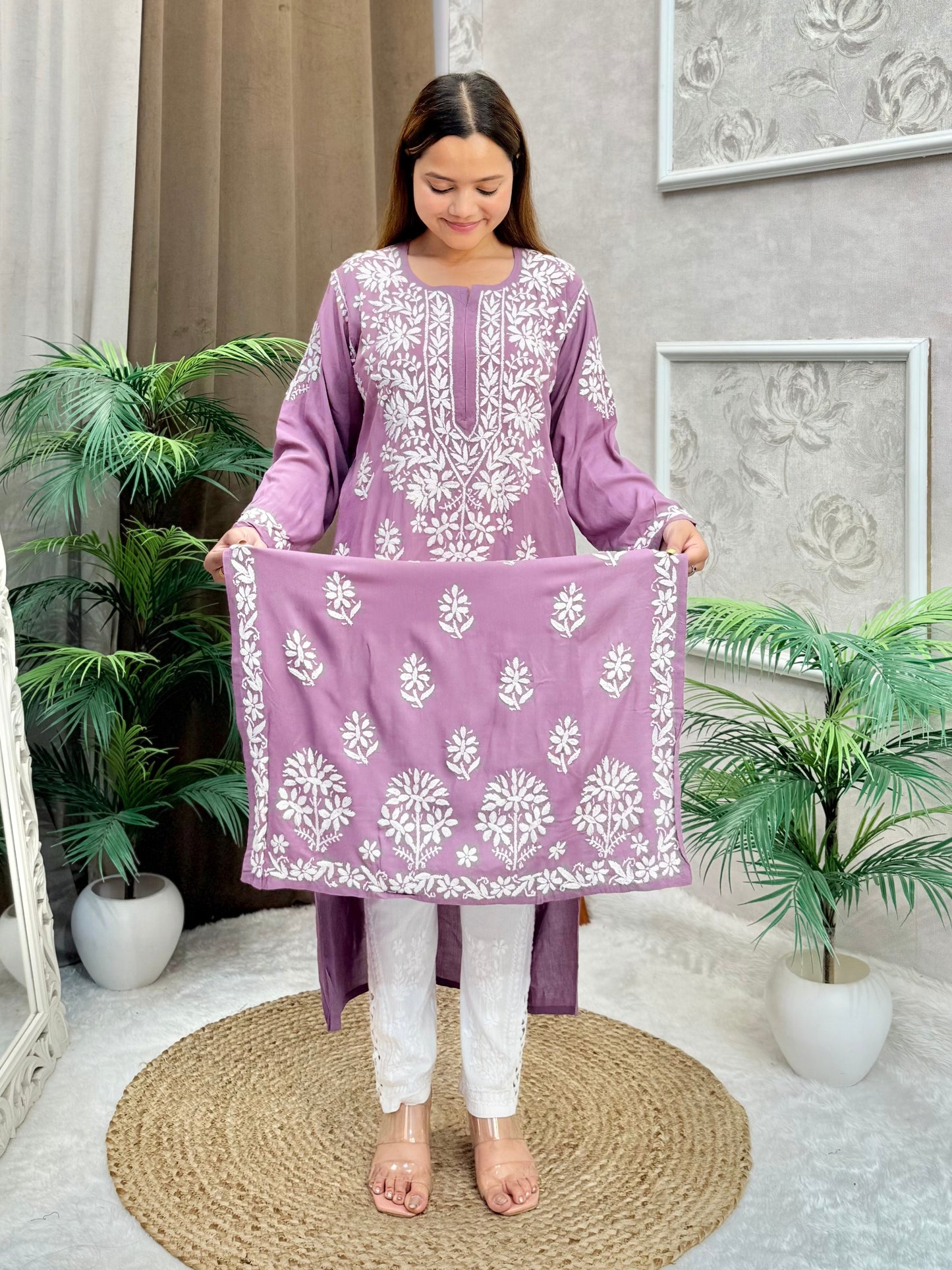 Lavender modal Lucknow Chikankari kurta with hand embroider
