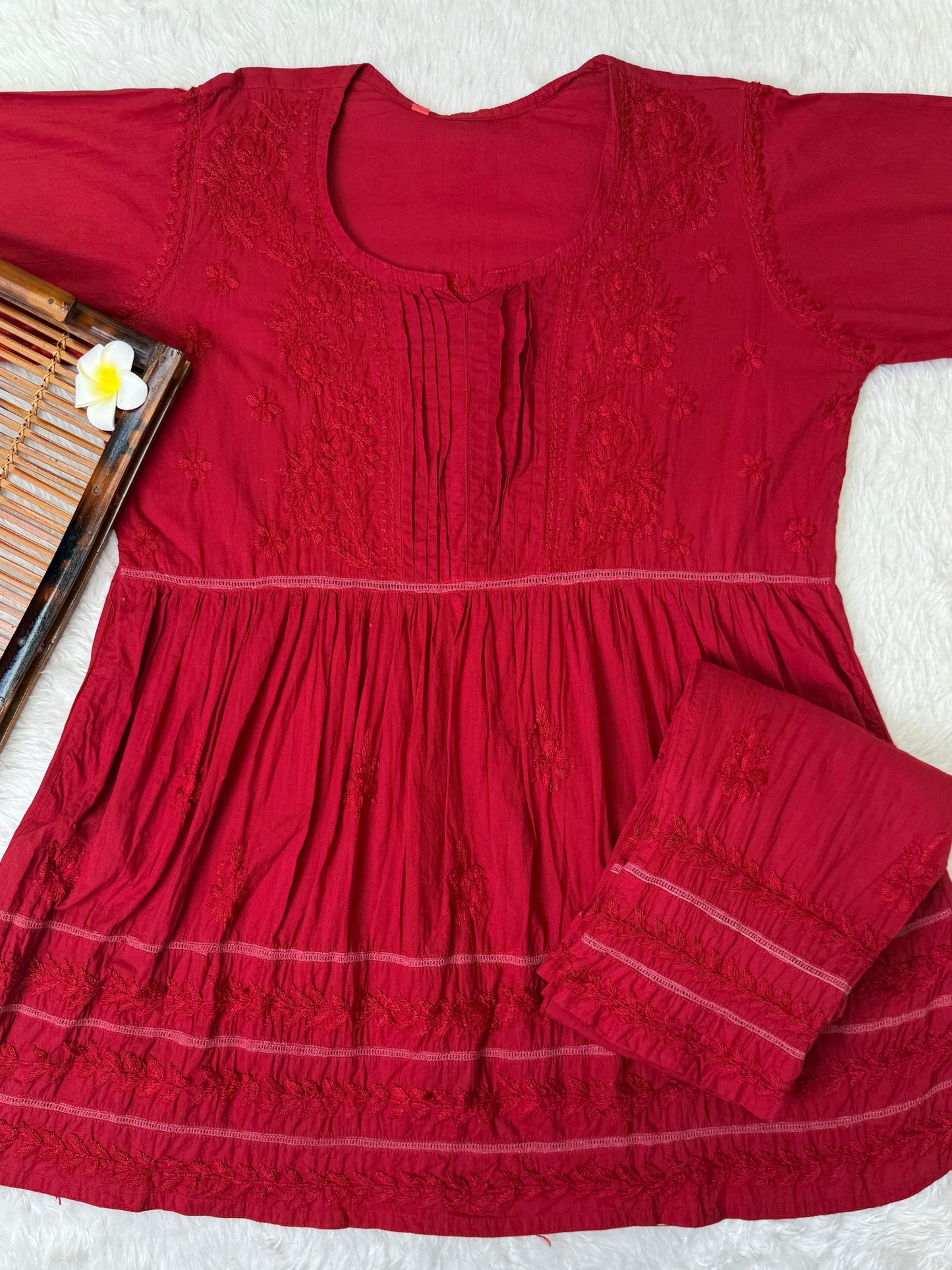 Red cotton short flair chikankari kurta with non-stretch pant and hand embroidery