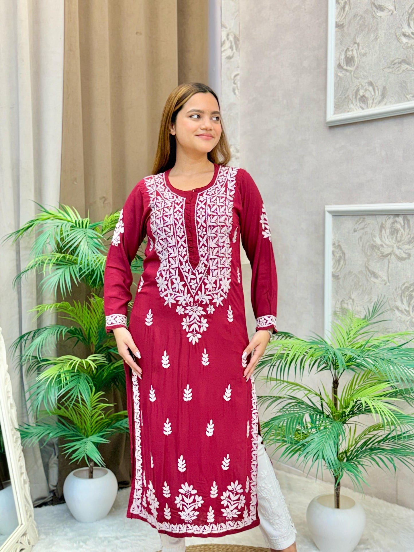 Maroon modal fabric Lucknow Chikankari kurta with white thread hand embroidery