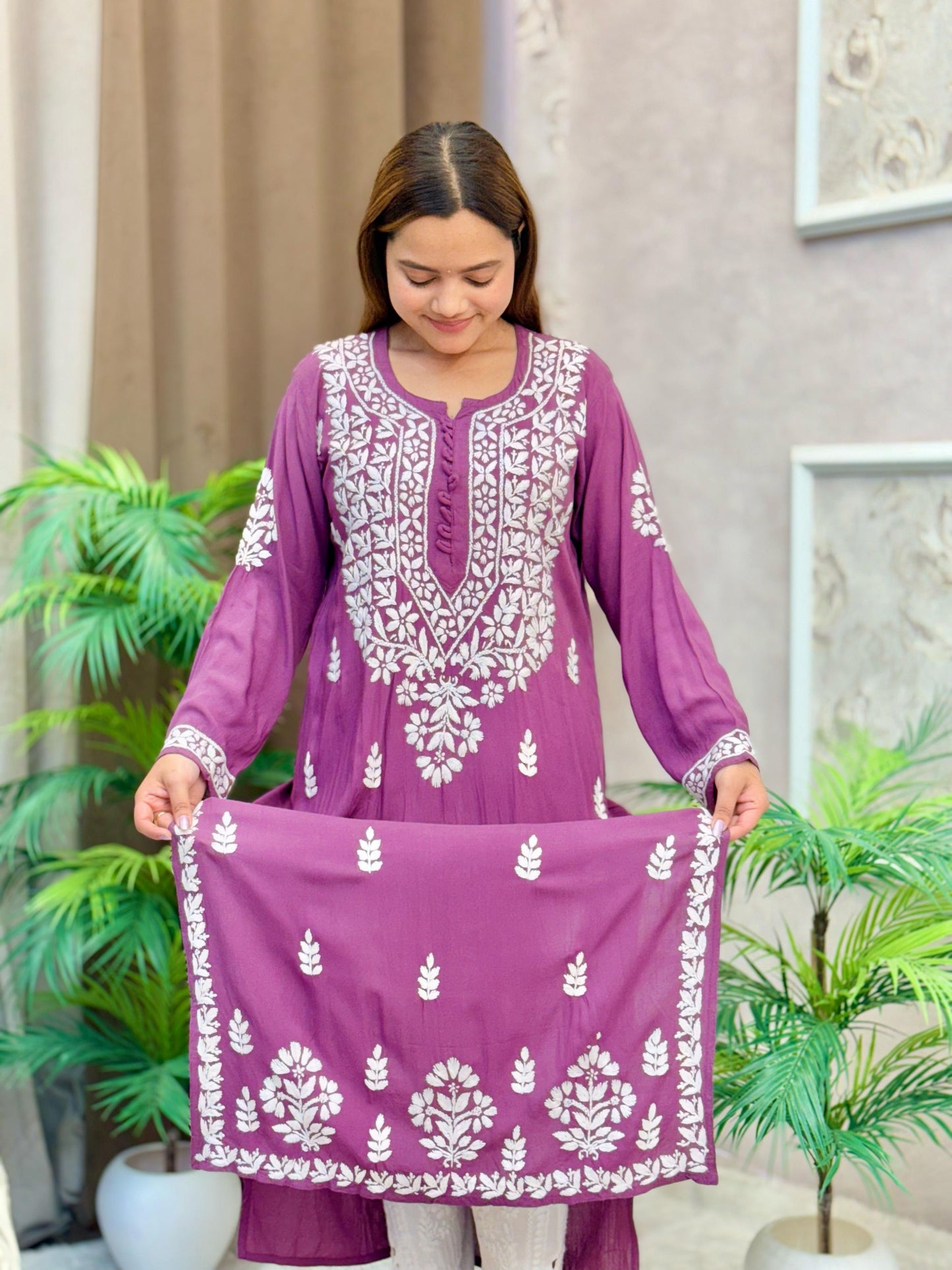 Grape modal fabric kurta with Lucknow Chikankari embroidery