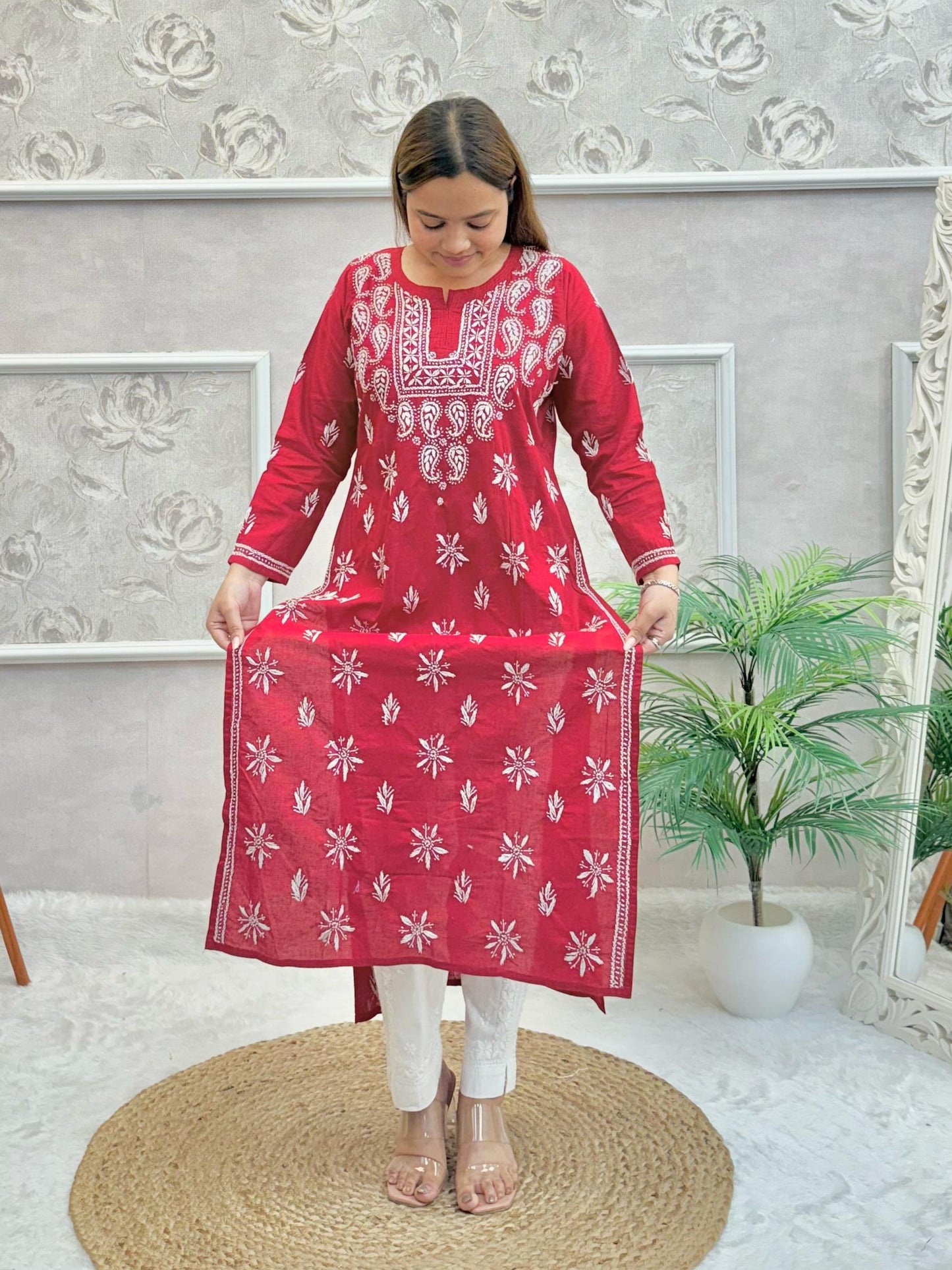 Maroon cotton Lucknow Chikankari kurta with white hand embroidery