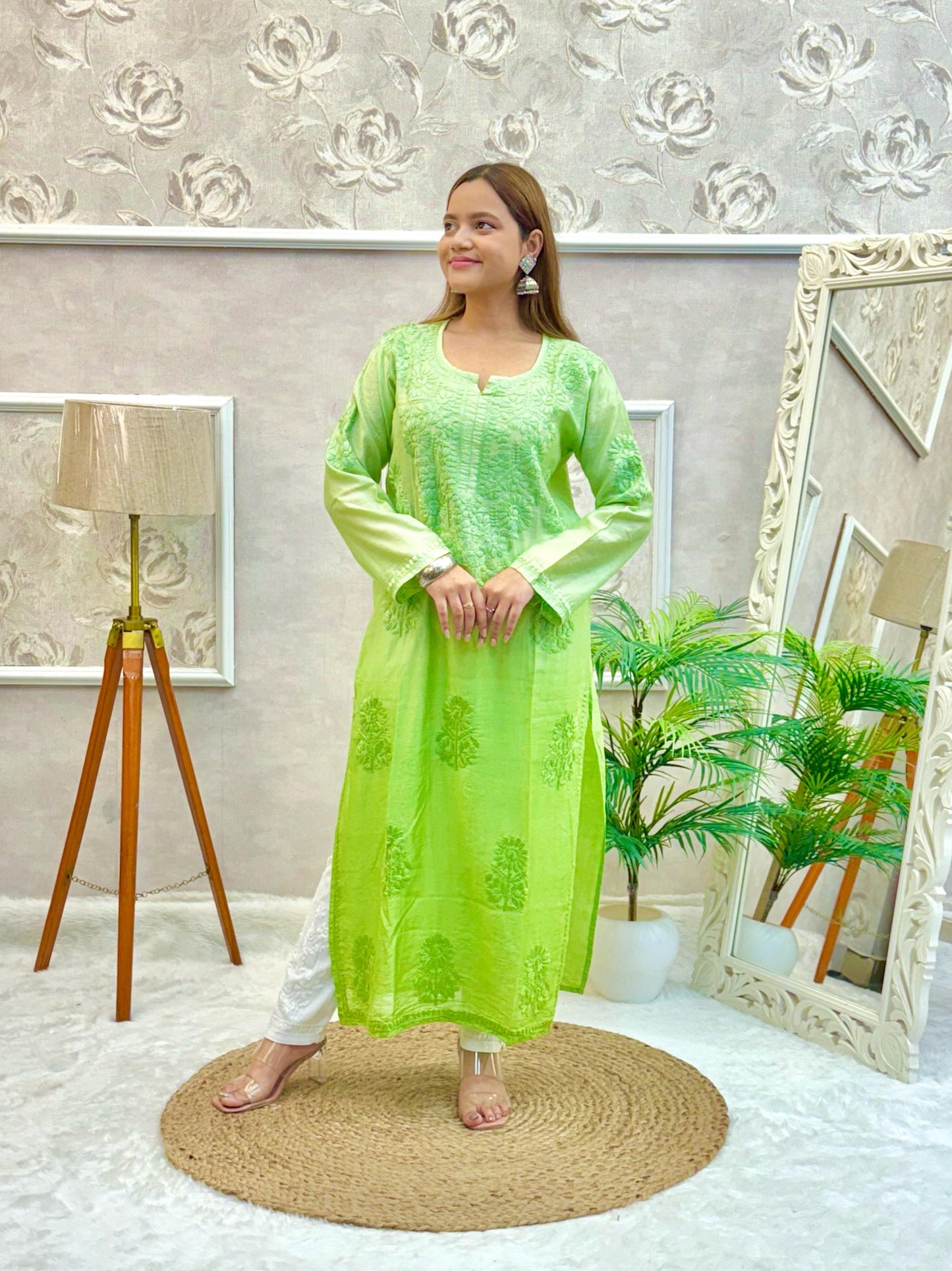 Lime green chanderi Lucknow Chikankari kurta with tonal hand embroidery