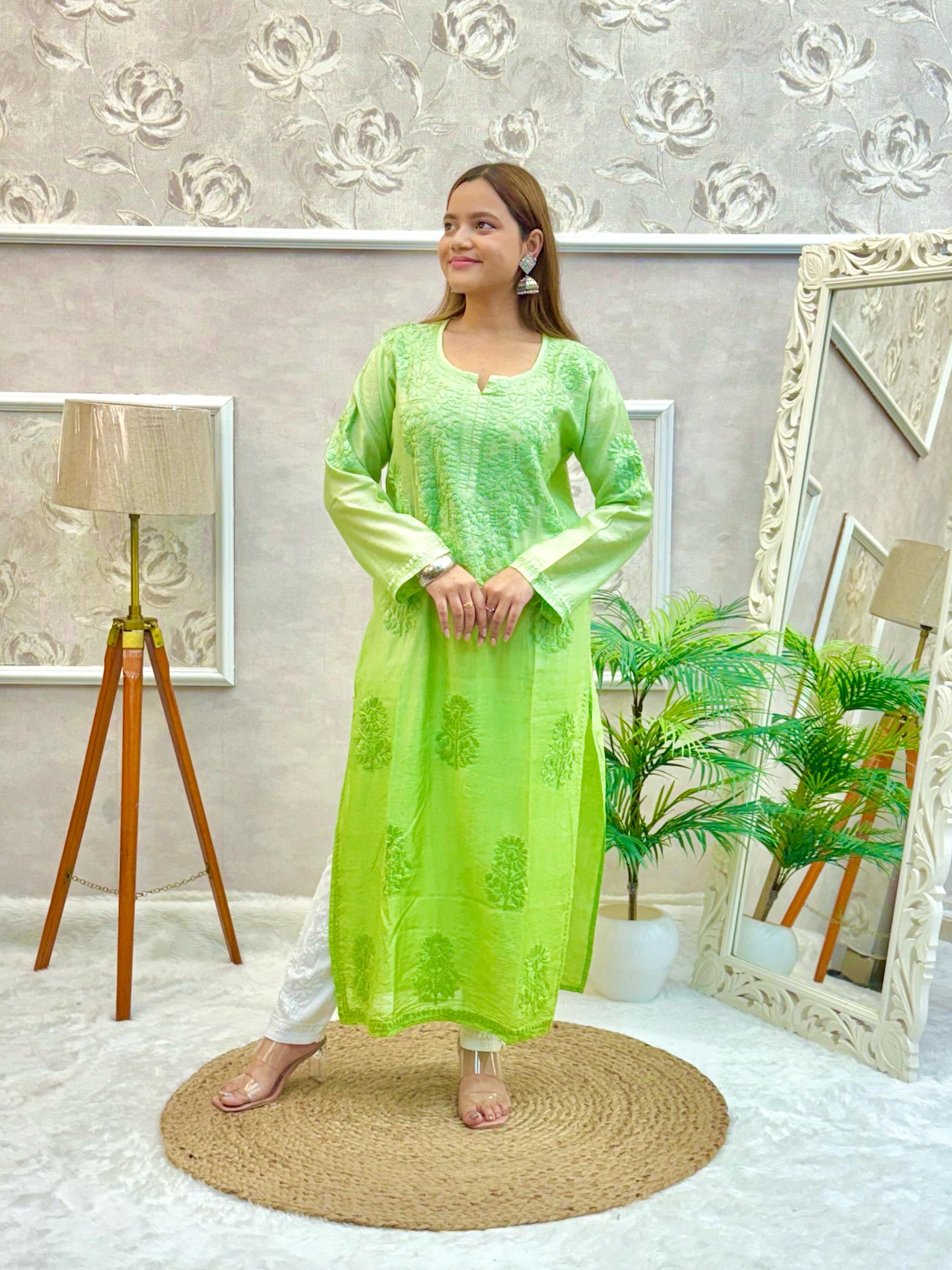 Lime green chanderi Lucknow Chikankari kurta with tonal hand embroidery