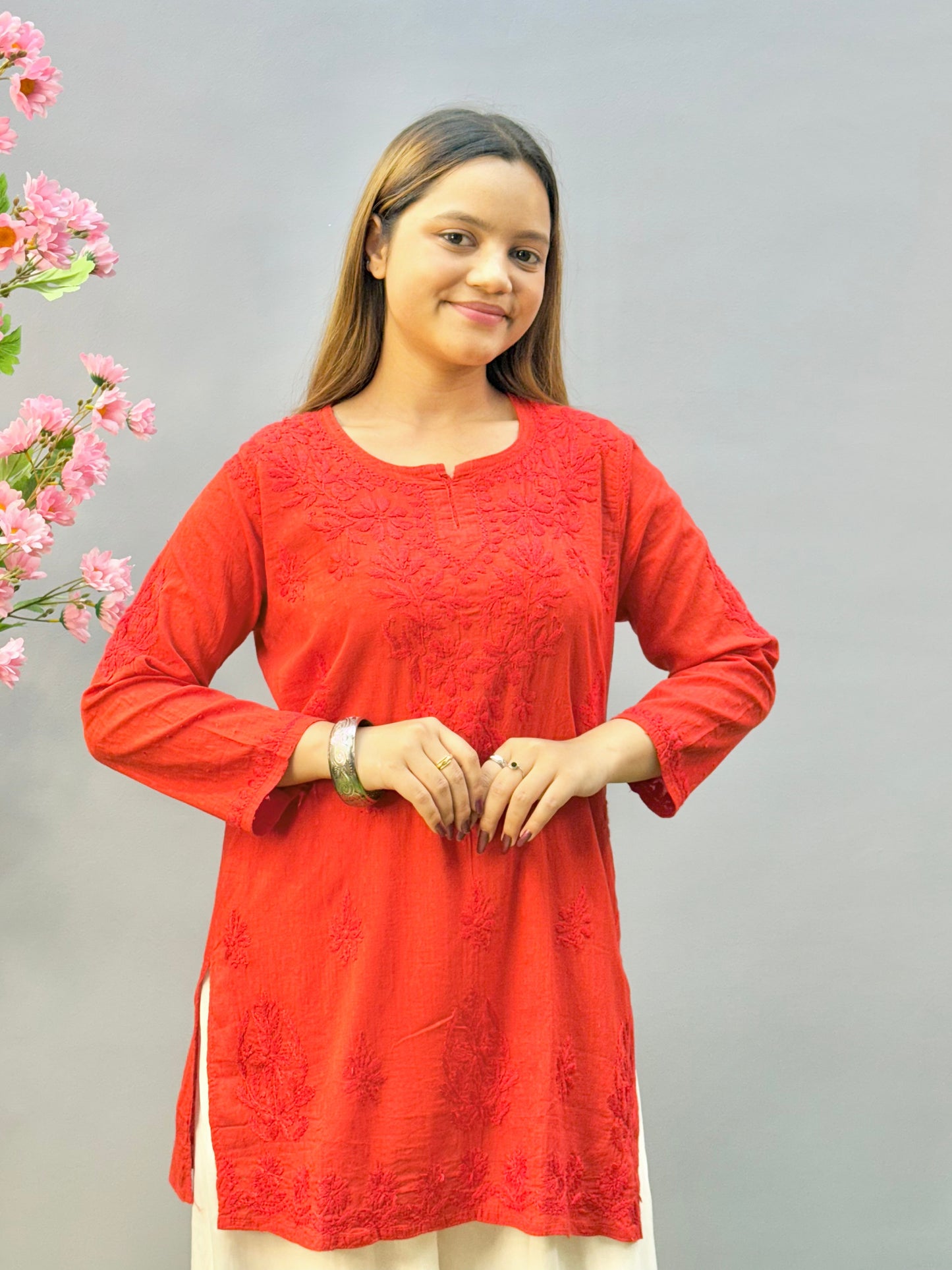 Rust red dobby cotton short chikankari kurta with hand embroidery
