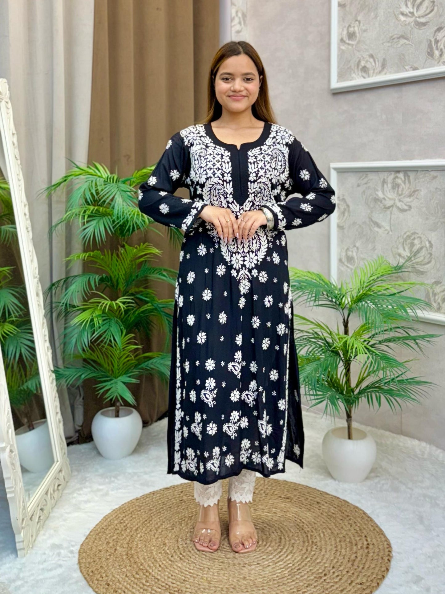 Black modal kurta with white Lucknow Chikankari embroidery