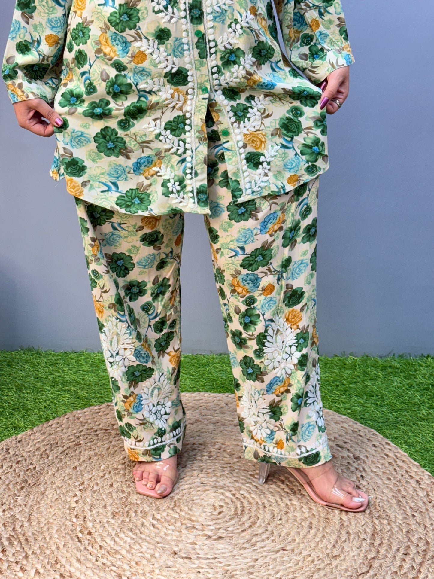 Green Floral Rayon Chikankari Co-ord Set – Contemporary Printed Elegance