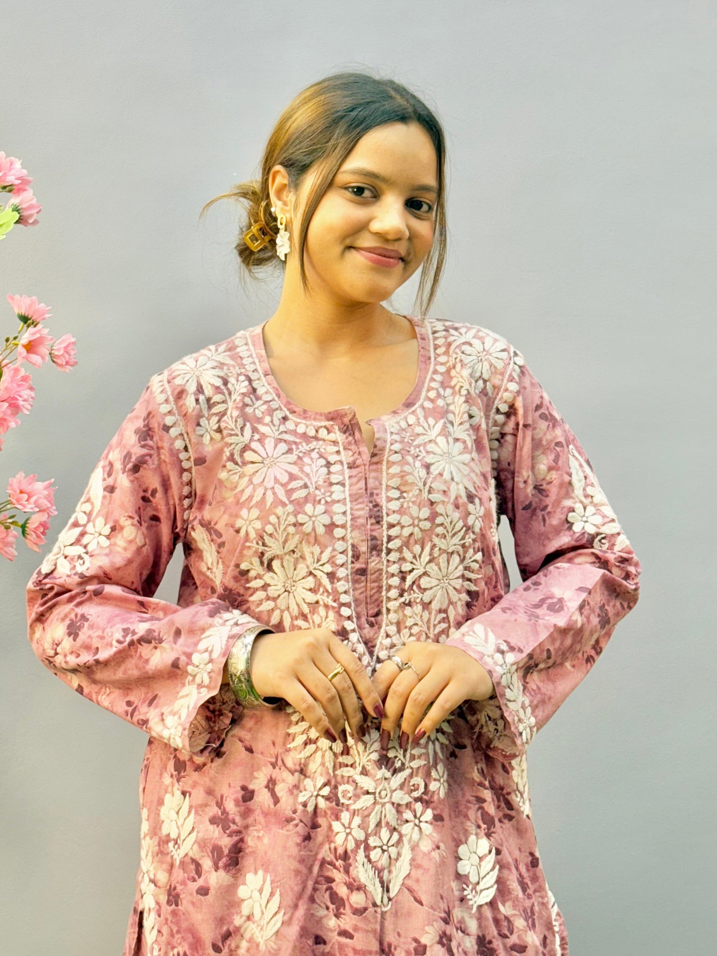 Rose mauve printed Lucknow chikankari kurta and palazzo set in soft mulmul fabric