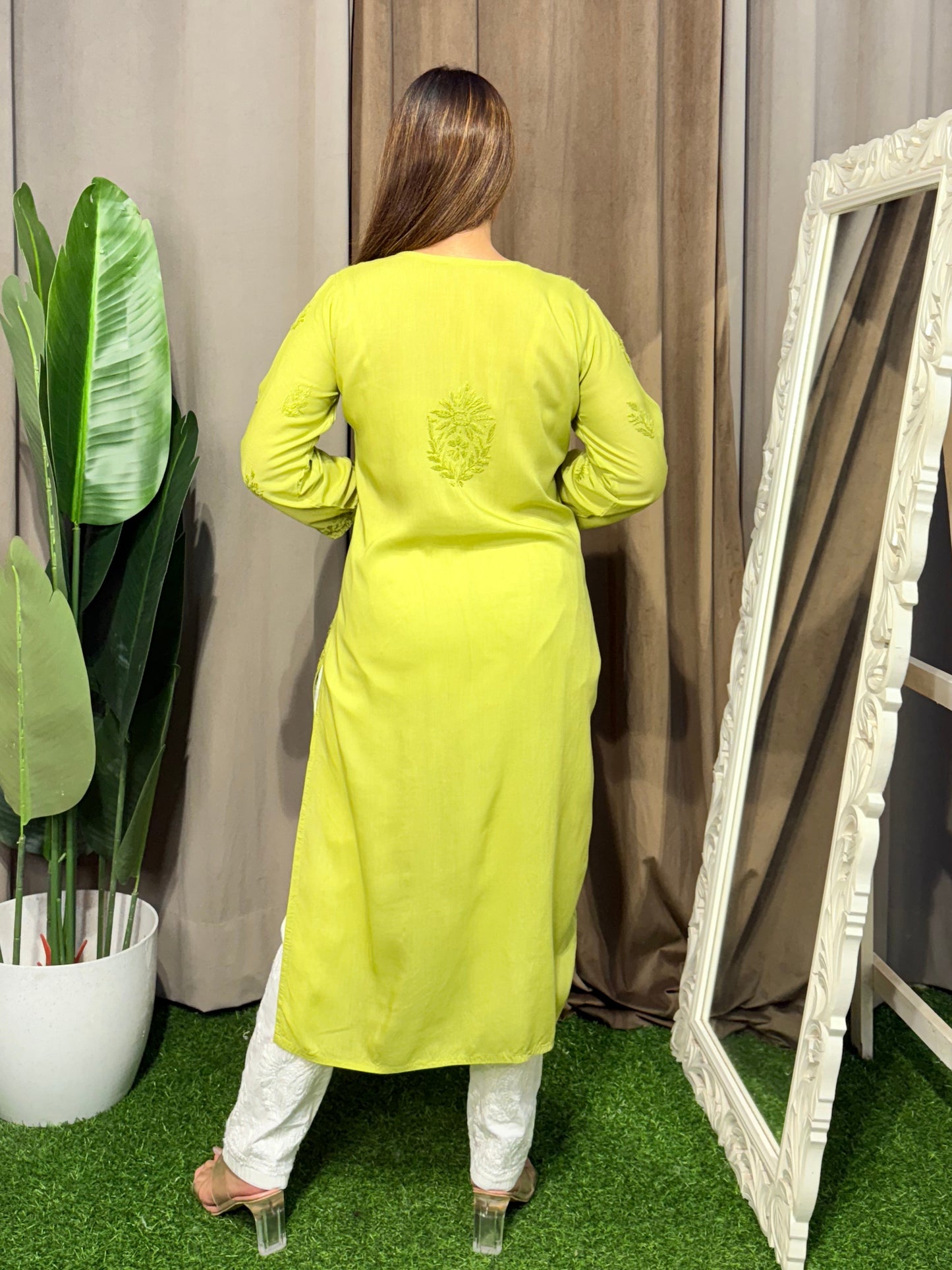 Lime green modal fabric Lucknow Chikankari straight kurta for women