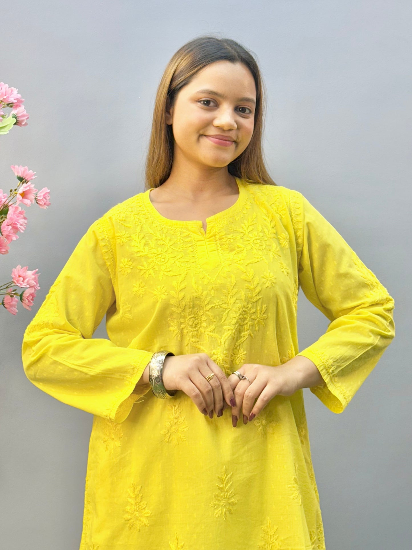 Sunshine yellow dobby cotton short chikankari kurta with hand embroidery