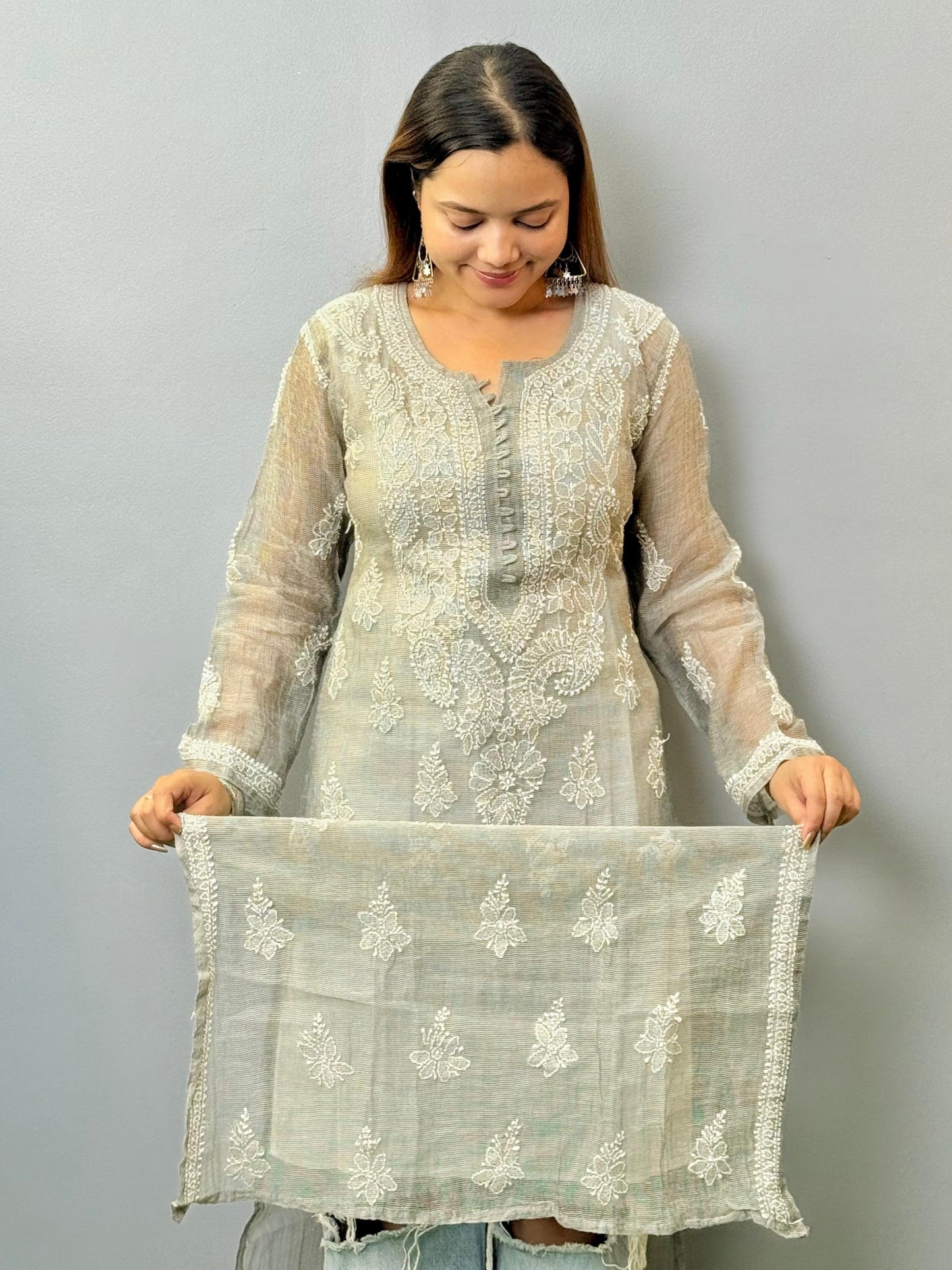 Muted stone grey kota chikankari kurta with white thread hand embroidery