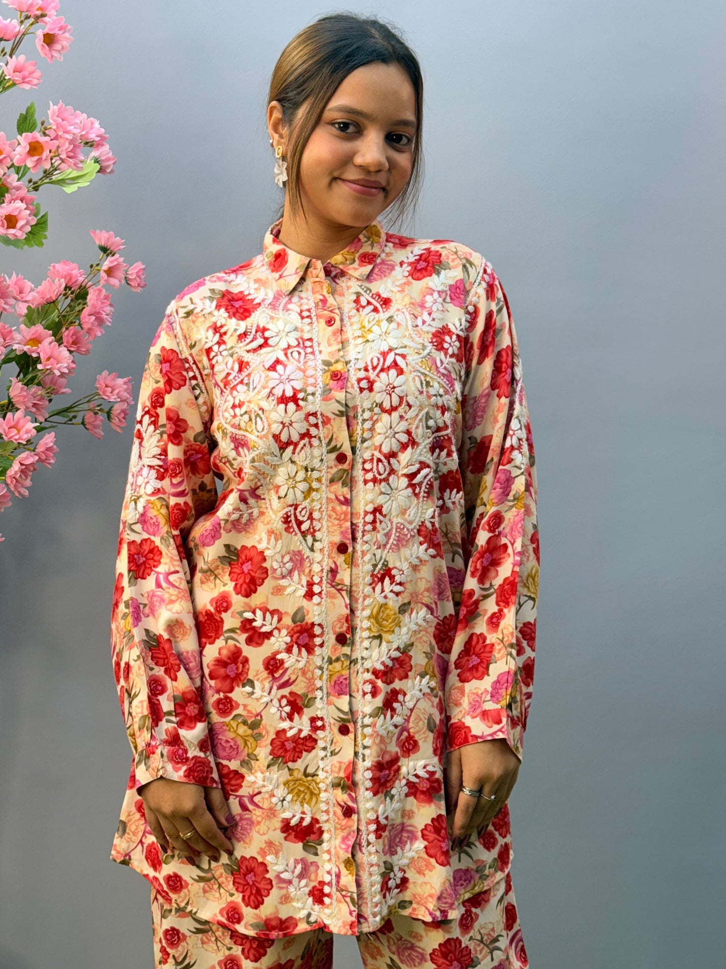 Red floral printed rayon co-ord set with Lucknow Chikankari embroidery