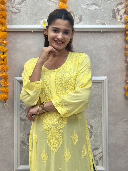 Yellow modal chikankari kurta with hand embroidery, premium quality