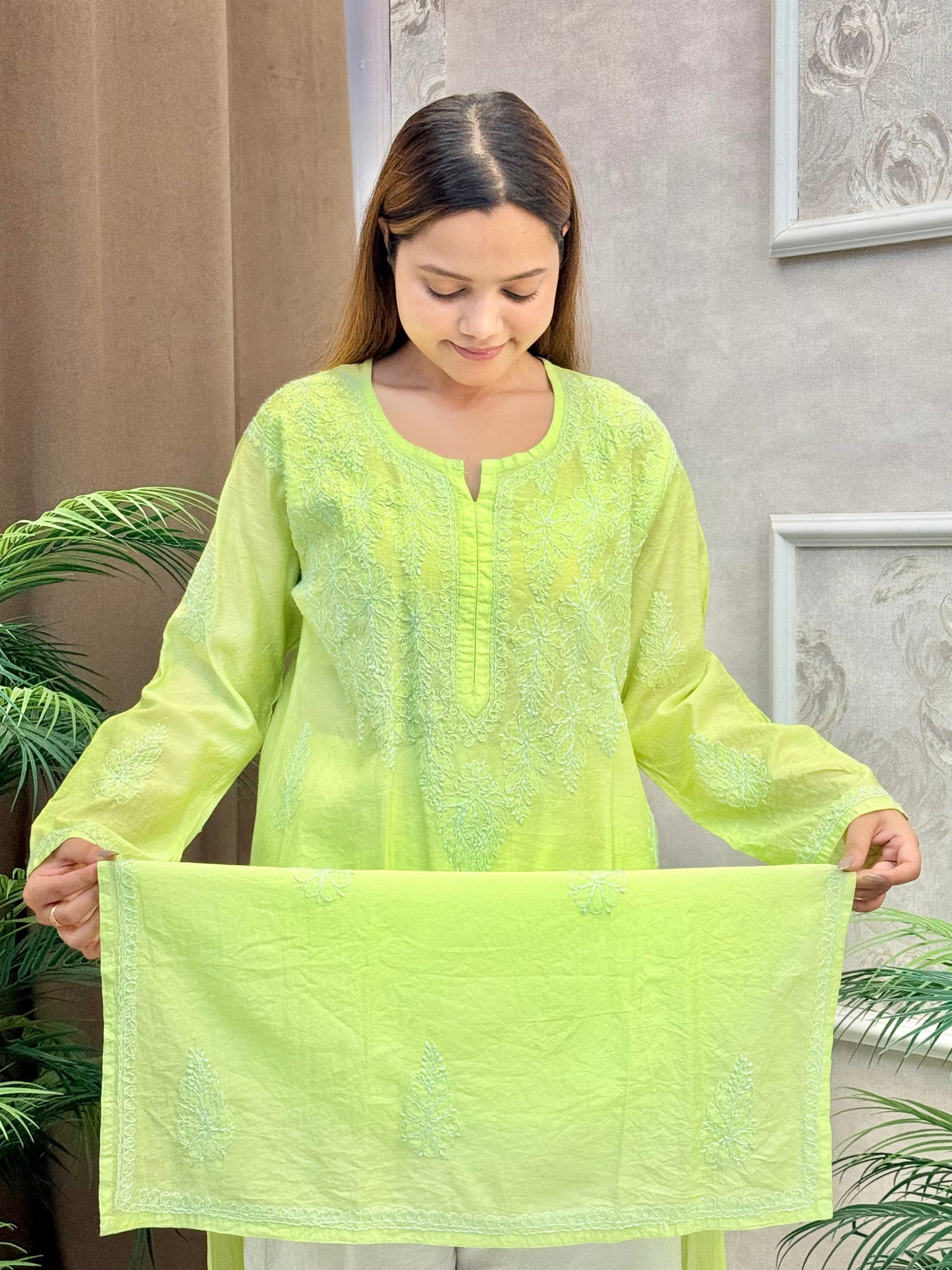Lemon yellow chanderi Lucknow Chikankari kurta