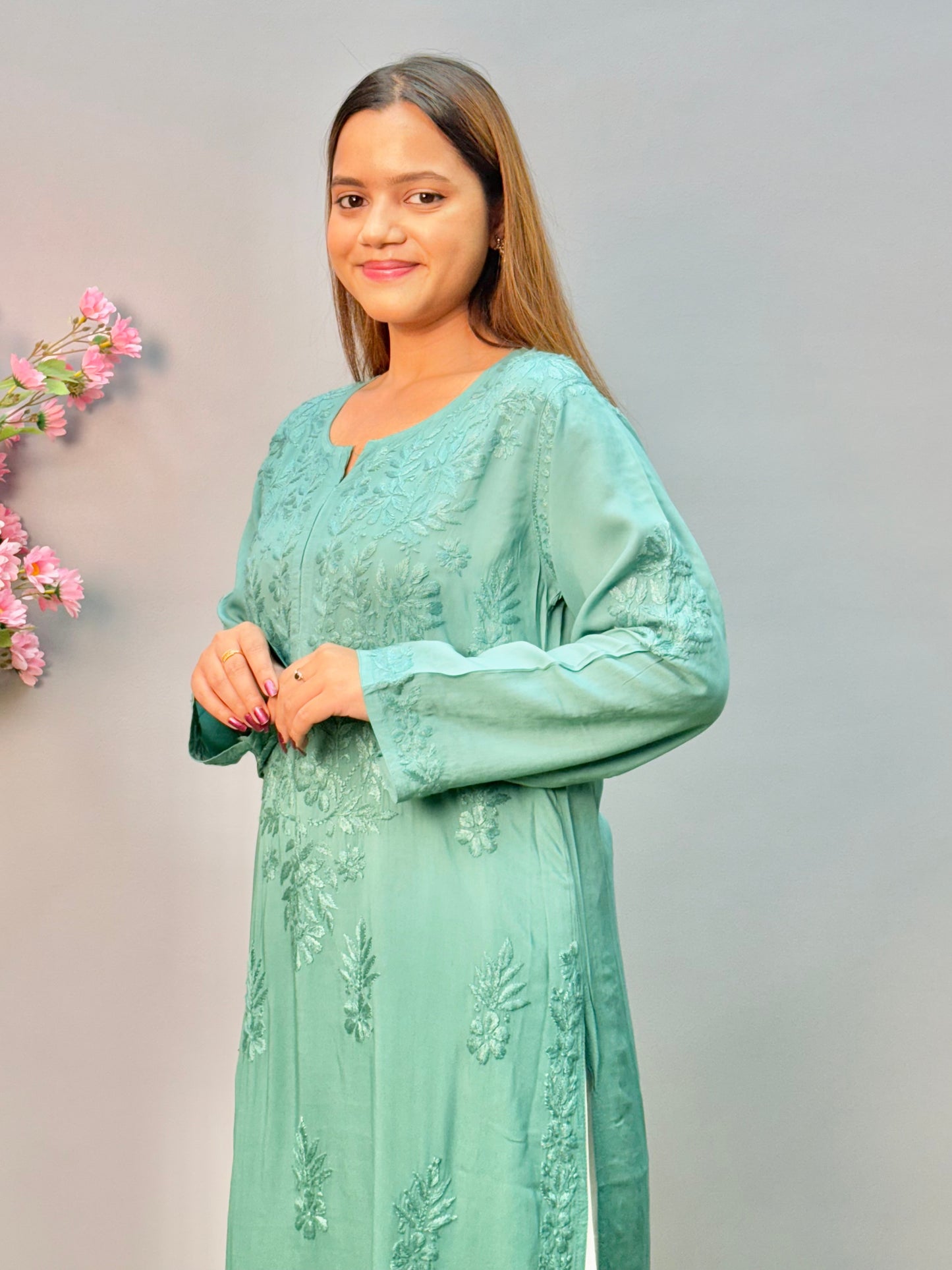 Sea green modal fabric Lucknow Chikankari long straight kurta with handcrafted embroidery