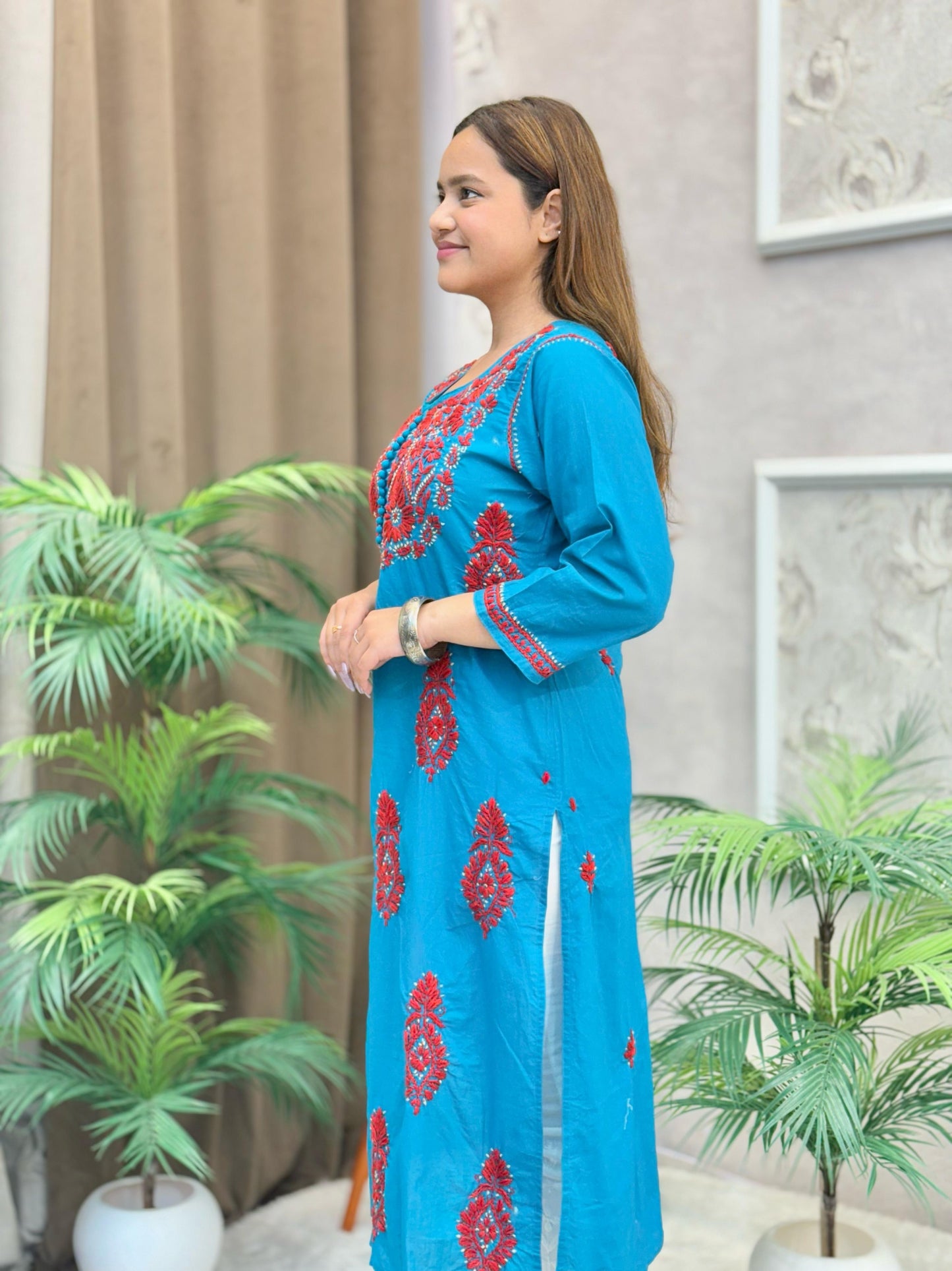 Teal blue cotton kurta with red and white contrast Lucknow Chikankari embroidery
