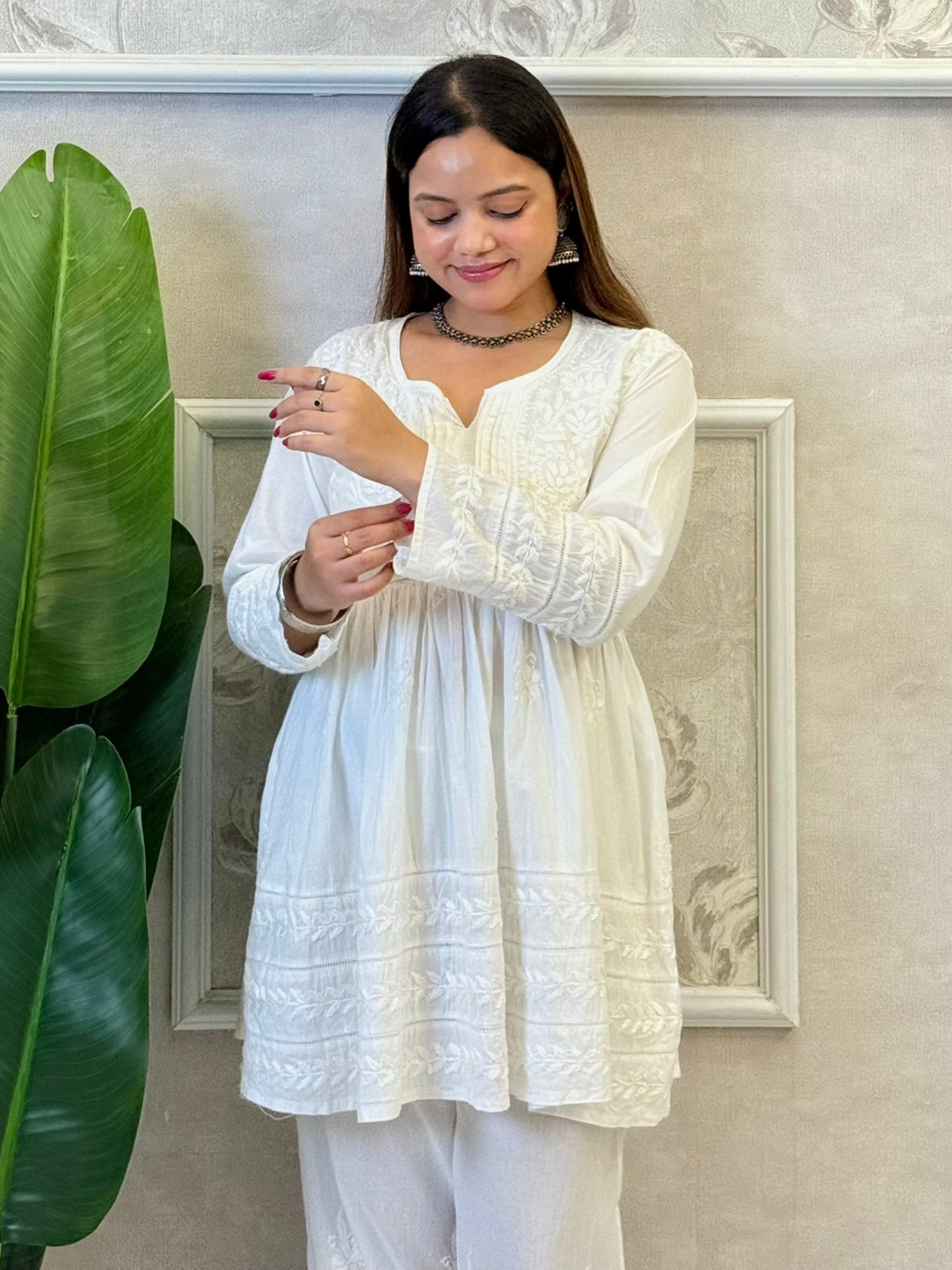 White Lucknow Chikankari cotton kurta and pant set with hand embroidery, soft and premium quality