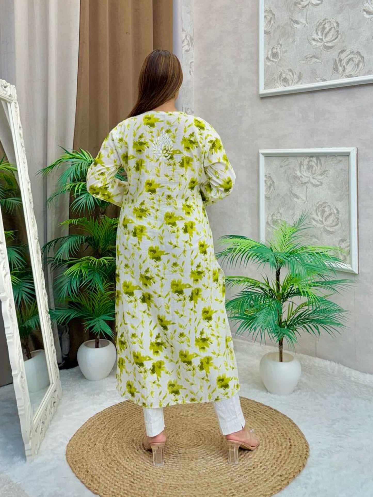 Lime green floral printed mulmul kurta with Lucknow chikankari embroidery