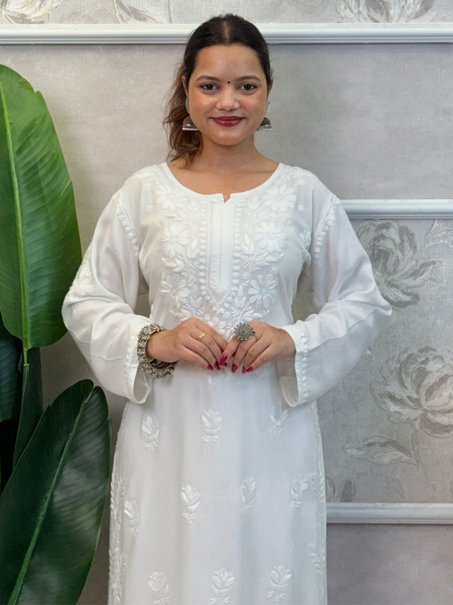 White dyable rayon chikankari kurta and Afghani pant set with hand embroidery