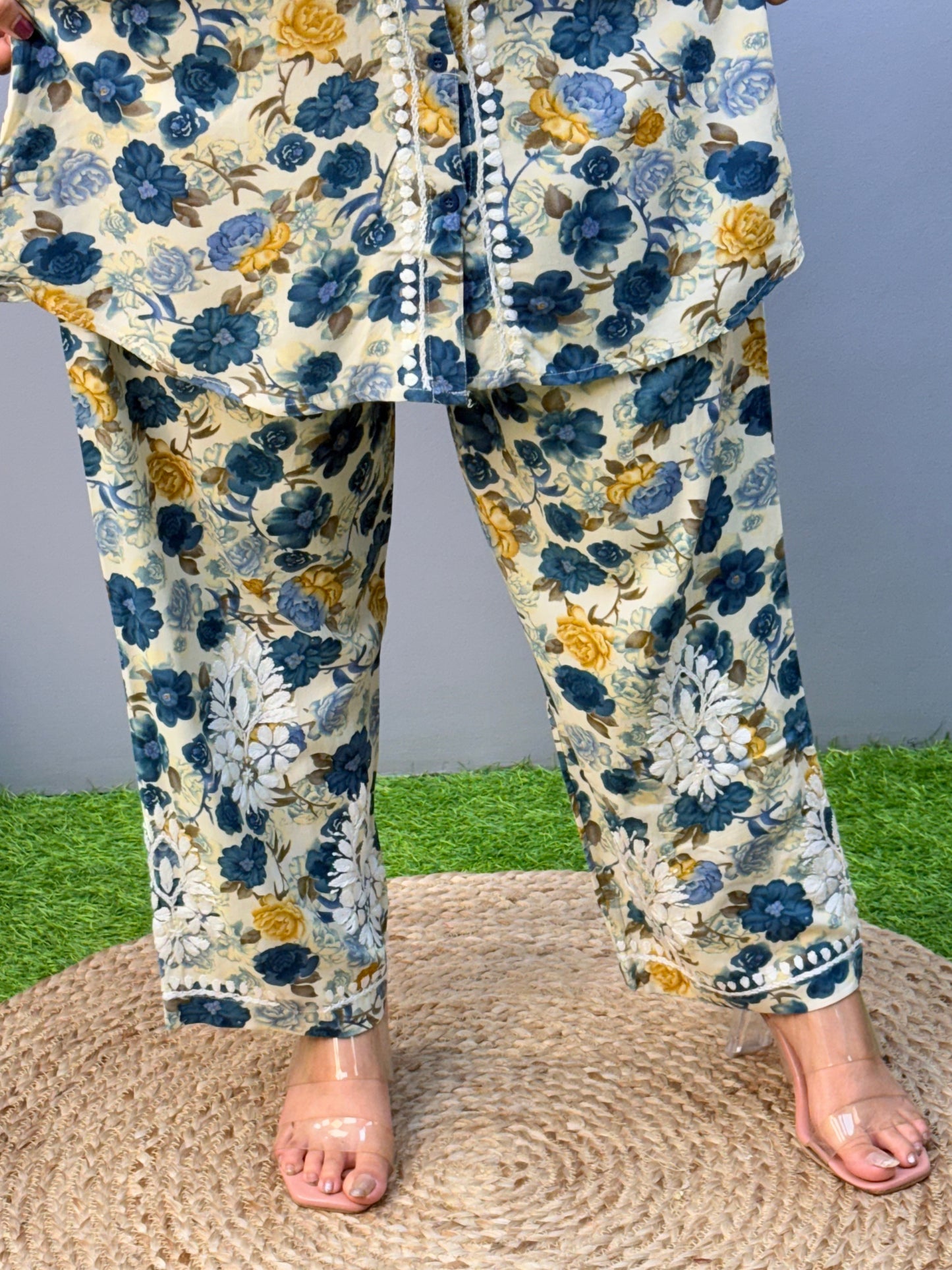 Blue and yellow floral printed rayon co-ord set with Lucknow Chikankari embroidery
