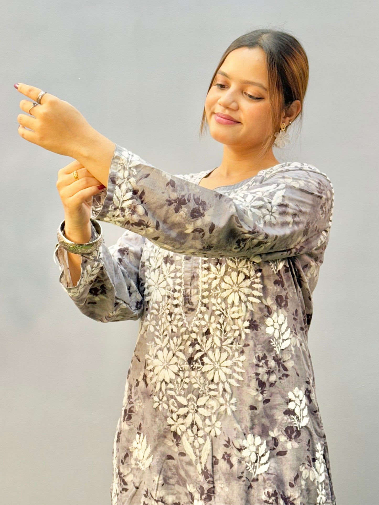 Smoky grey mulmul printed Lucknow Chikankari kurta and palazzo set