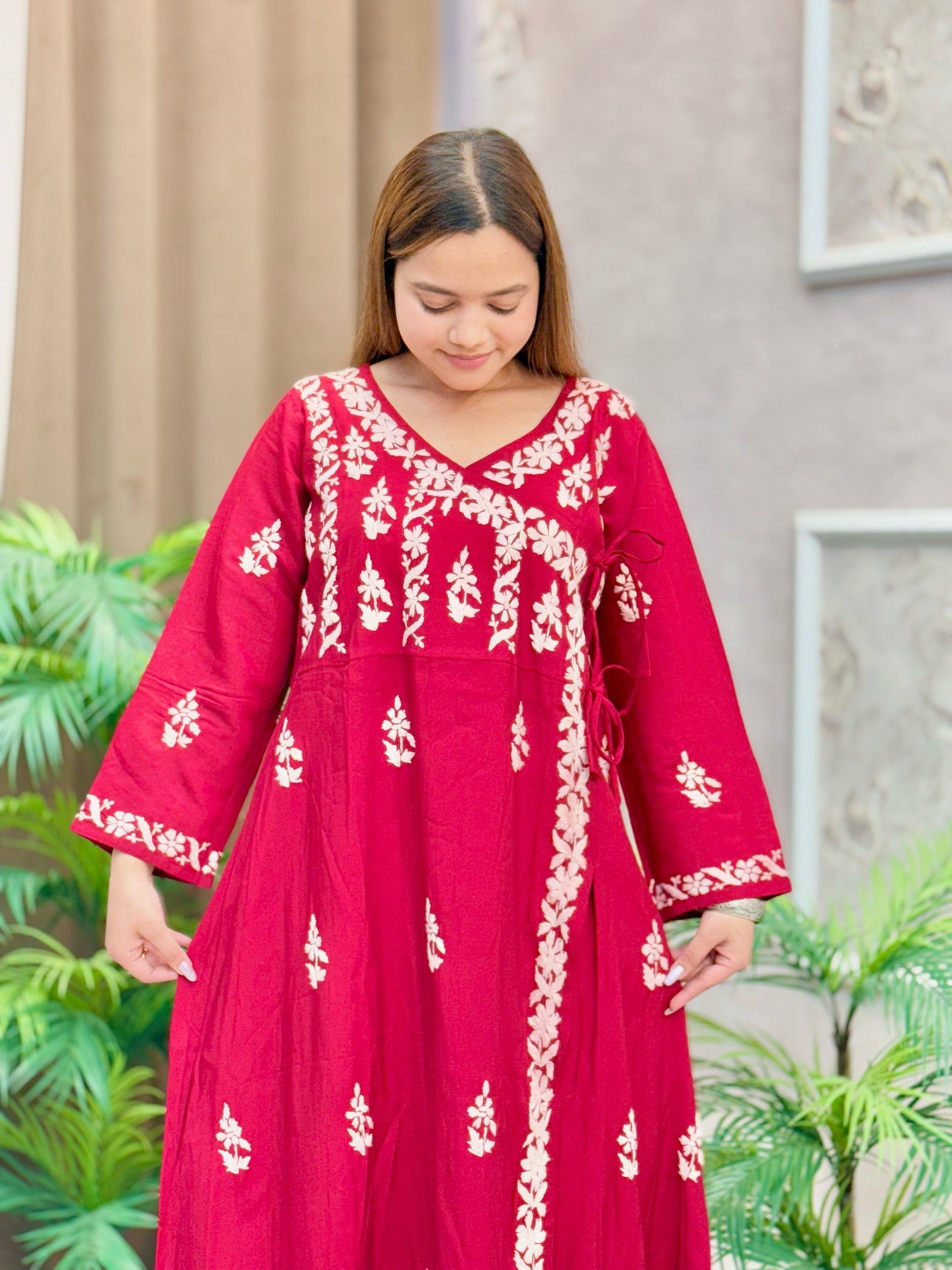 Maroon Chanderi fabric Angrakha-style kurta with white Lucknow Chikankari embroidery