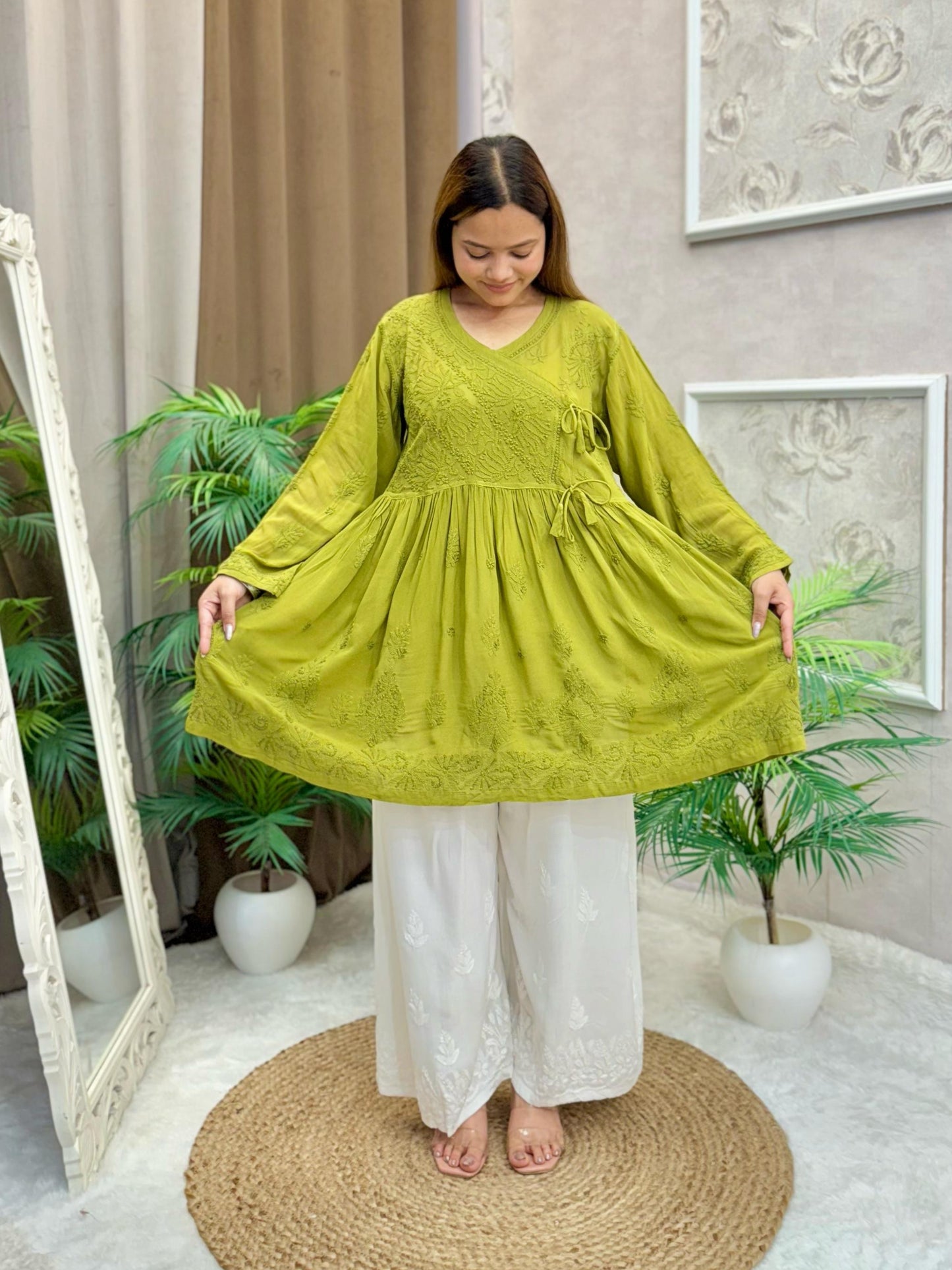 Olive green viscose short flared angrakha kurta with Lucknow chikankari embroidery