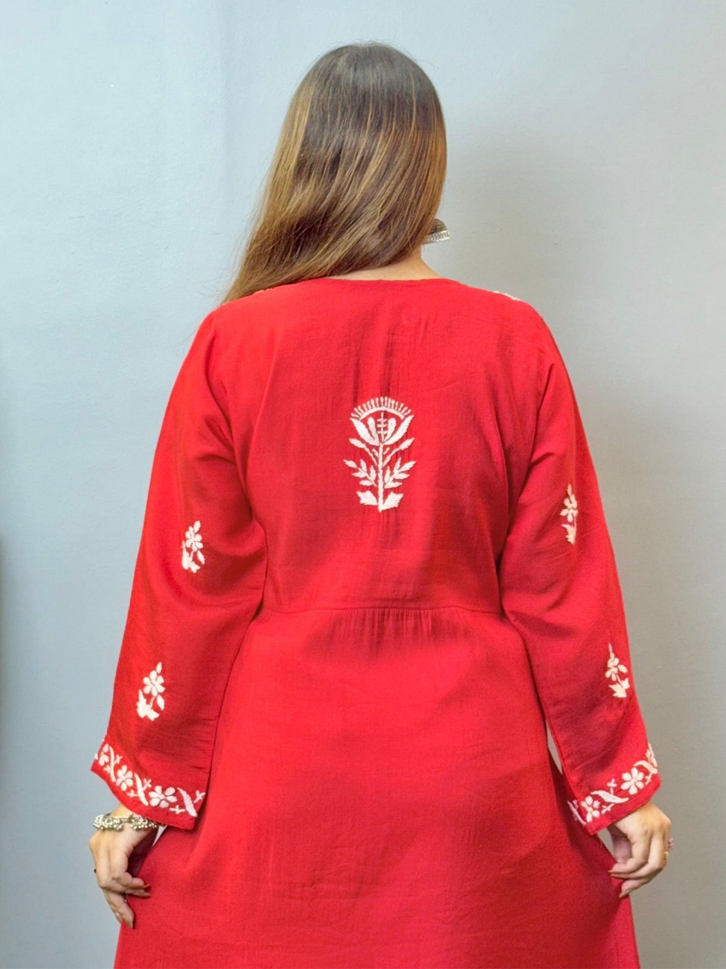 Red Chanderi Angrakha style Chikankari kurta with white hand embroidery – perfect festive ethnic wear