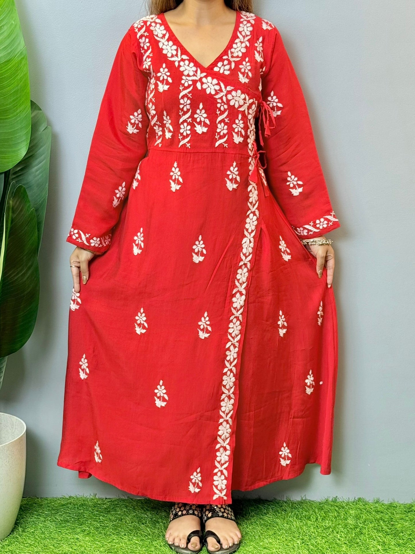 Red Chanderi Angrakha style Chikankari kurta with white hand embroidery – perfect festive ethnic wear