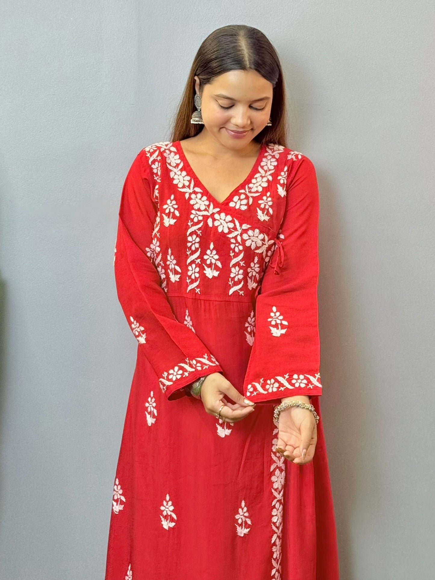 Red Chanderi Angrakha style Chikankari kurta with white hand embroidery – perfect festive ethnic wear