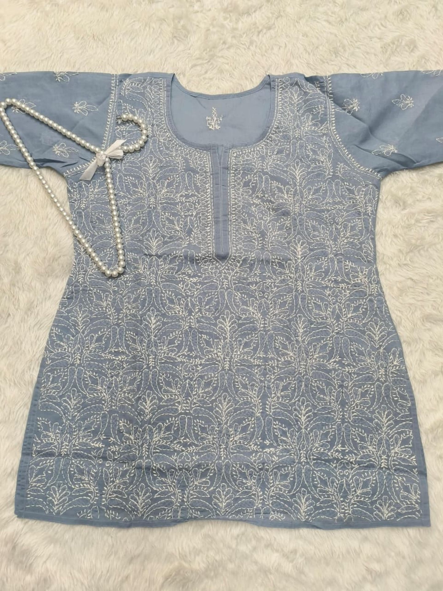 Lucknow Chikankari grey voile cotton short kurta with white hand embroidery