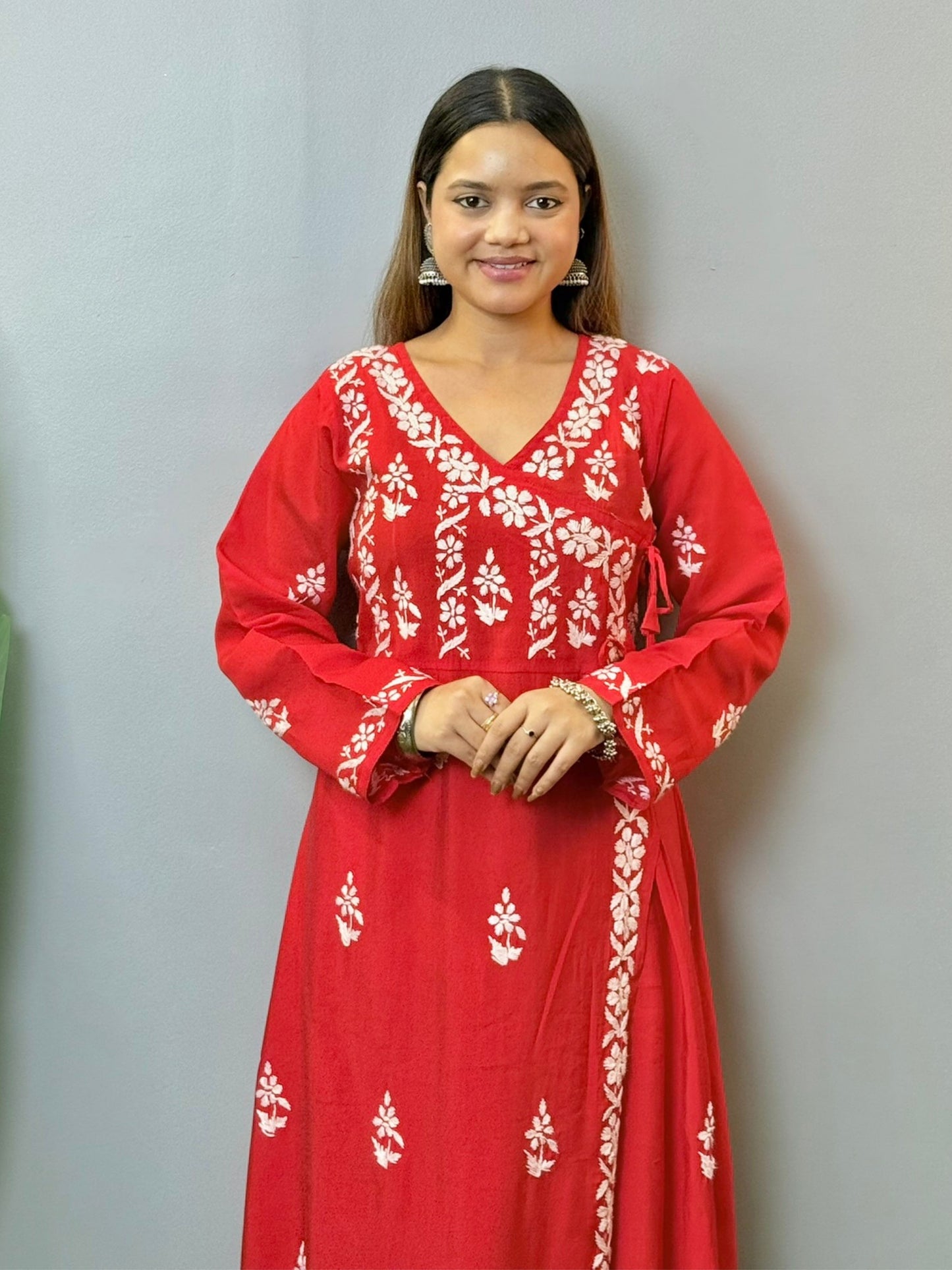 Red Chanderi Angrakha style Chikankari kurta with white hand embroidery – perfect festive ethnic wear