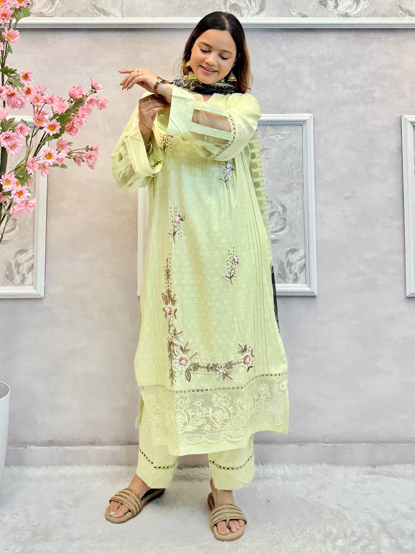 Pastel Green Rayon Designer Kurta Set with Cotton Dupatta