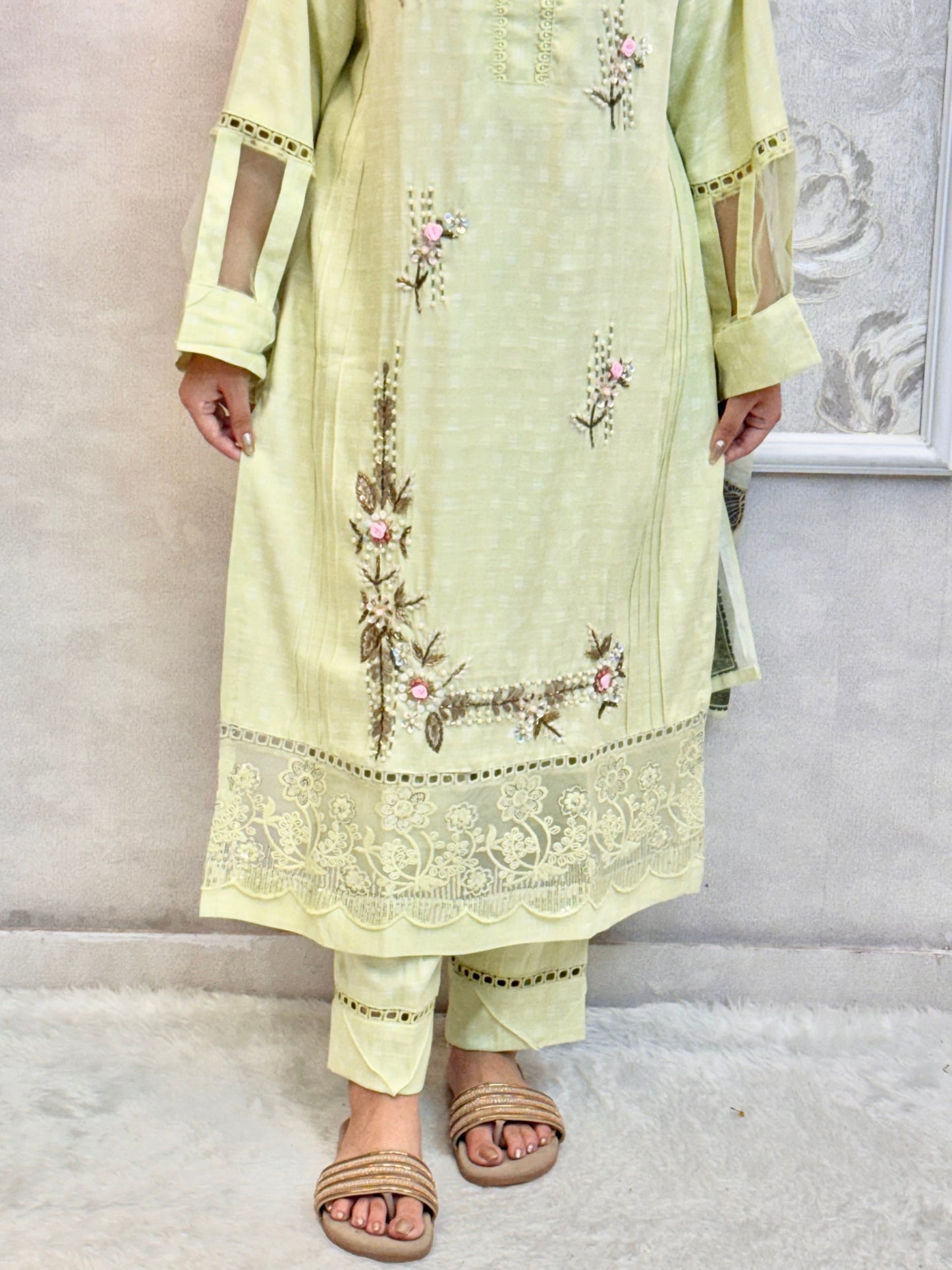 Pastel Green Rayon Designer Kurta Set with Cotton Dupatta