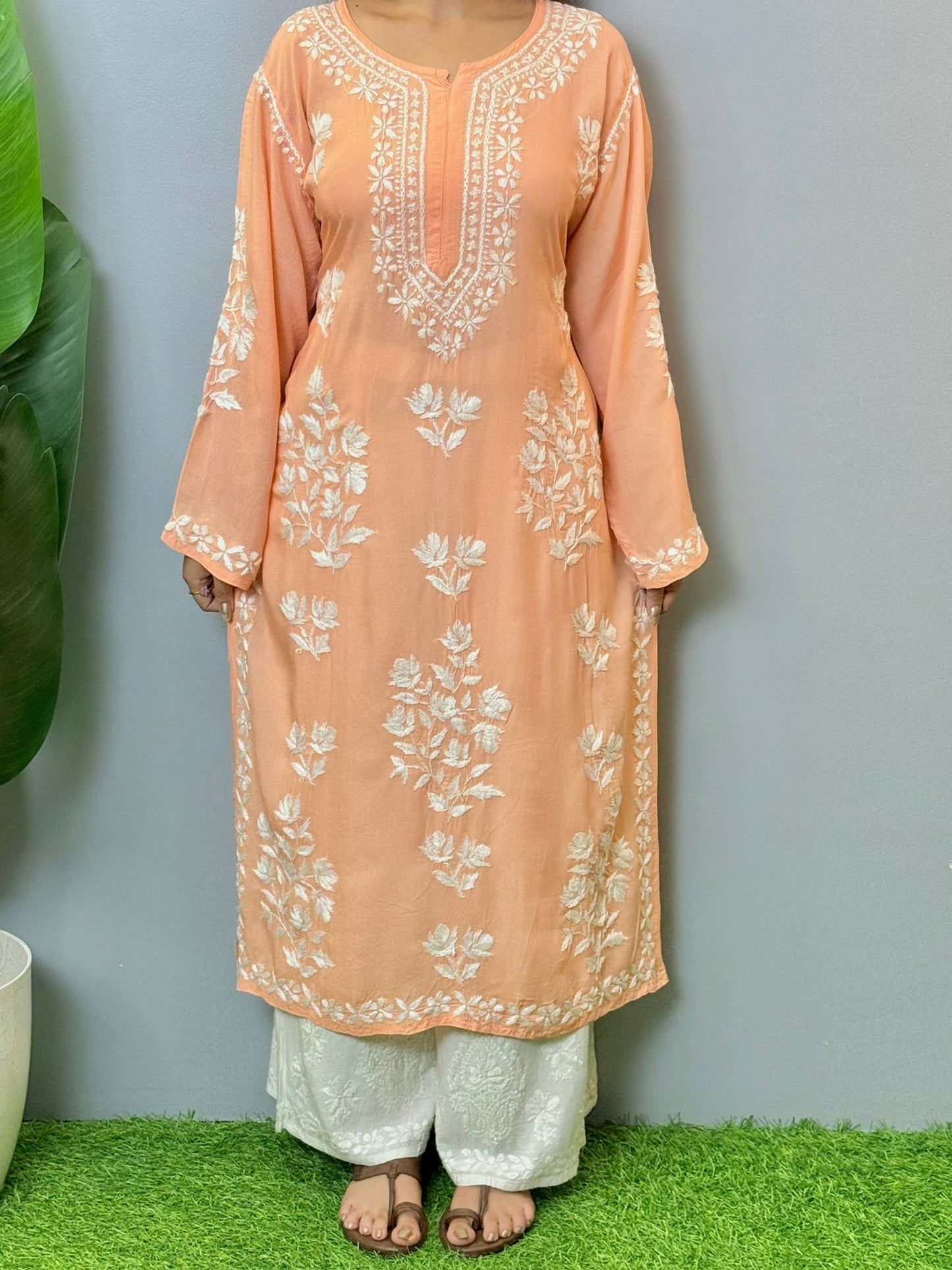 Peach modal Lucknowi Chikankari kurta with white hand embroidery