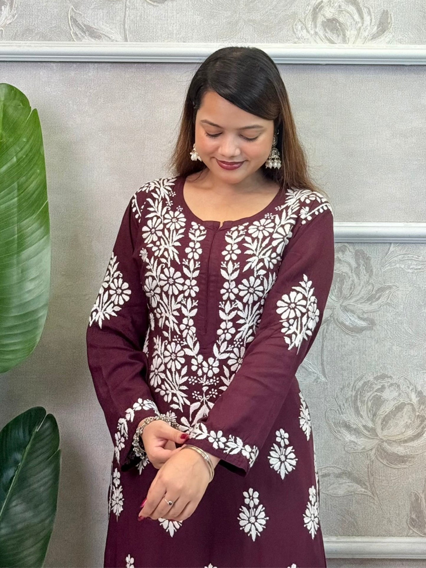 Wine modal chikankari kurta and palazzo set with white hand embroidery – soft and comfortable