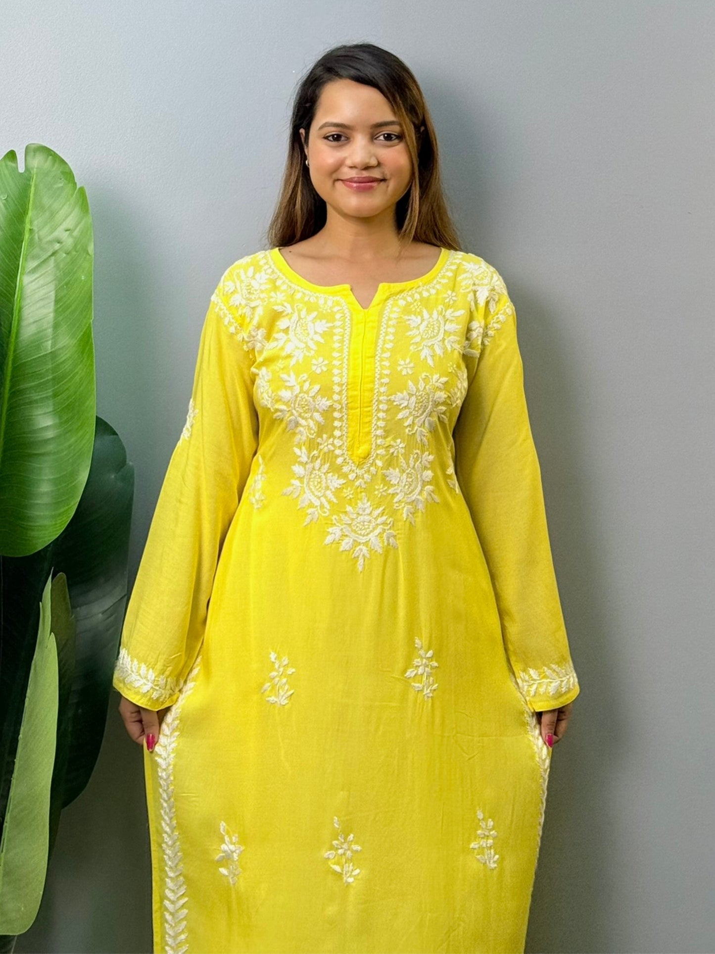 Yellow modal Lucknowi Chikankari kurta with hand embroidery – soft and elegant ethnic wear for women
