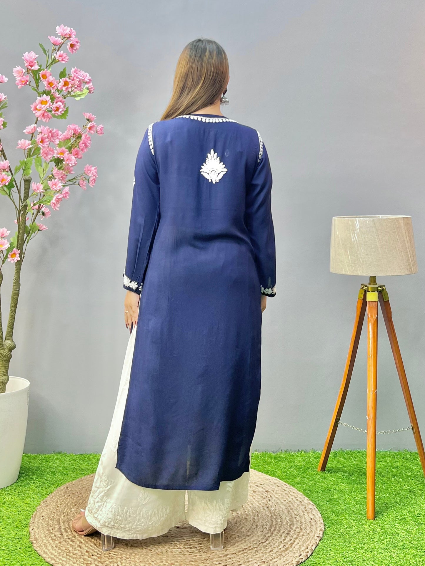 Navy blue modal fabric Lucknowi chikankari kurta with white embroidery