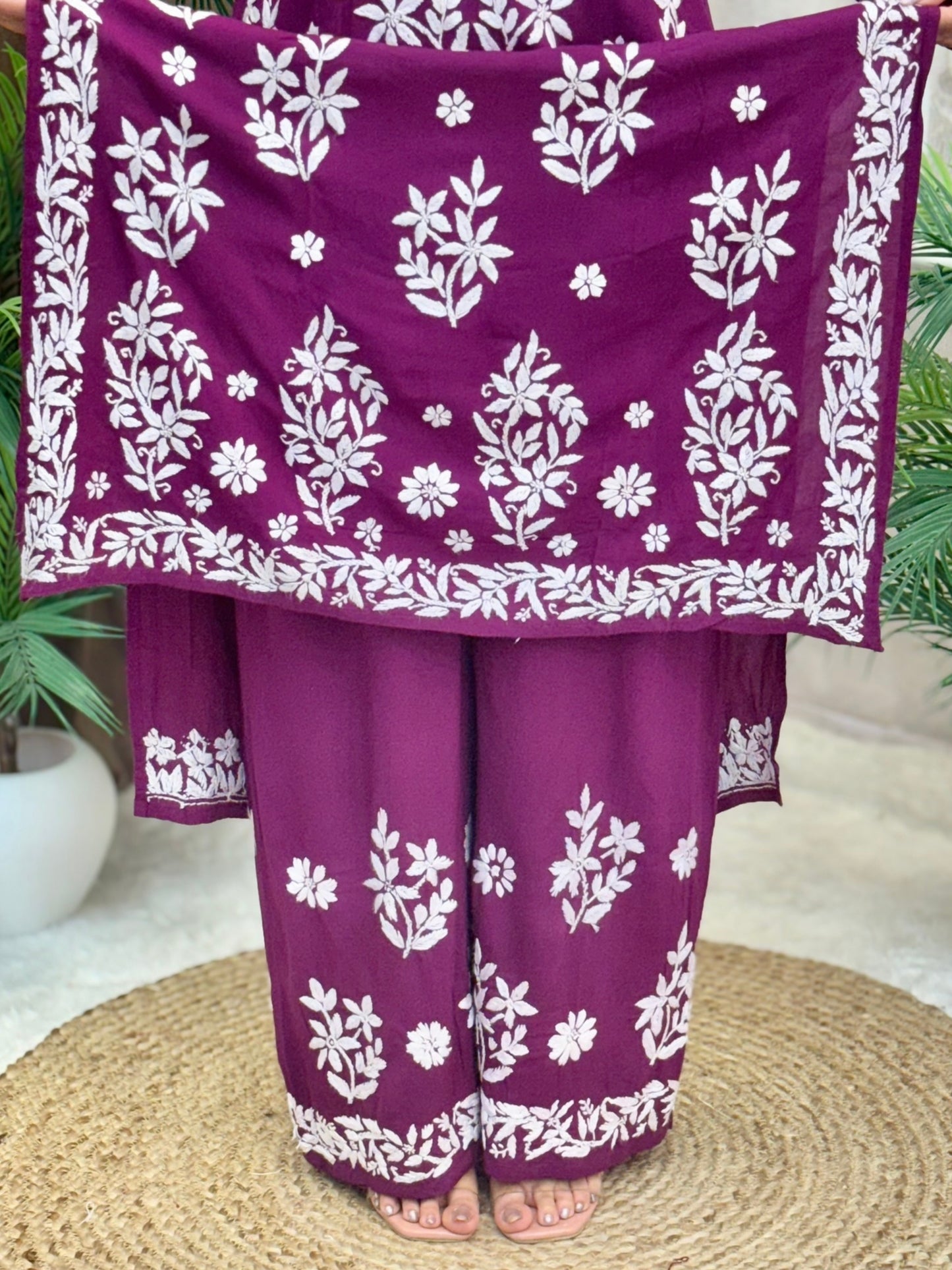 Royal plum modal chikankari kurta and palazzo set with white hand embroidery