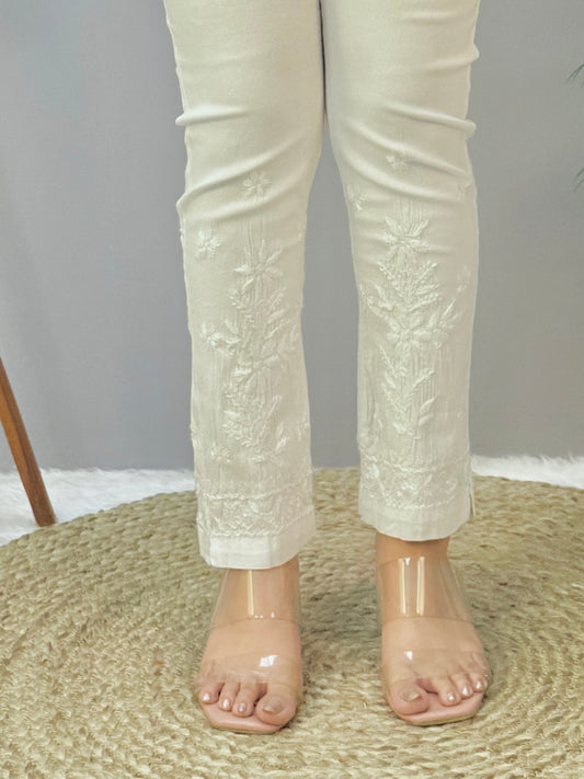Lucknow Chikankari white cotton lycra stretchable pant with hand embroidery, size 24-40, length 37.