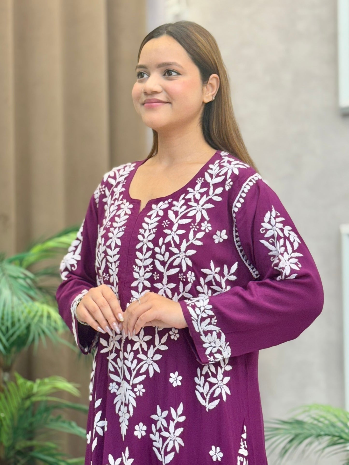 Royal plum modal chikankari kurta and palazzo set with white hand embroidery