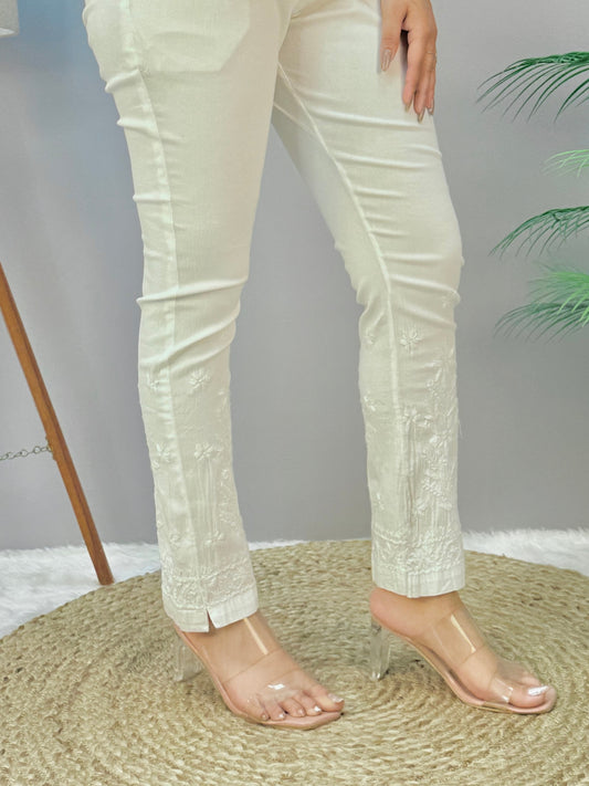 Lucknow Chikankari white cotton lycra stretchable pant with hand embroidery, size 24-40, length 37.