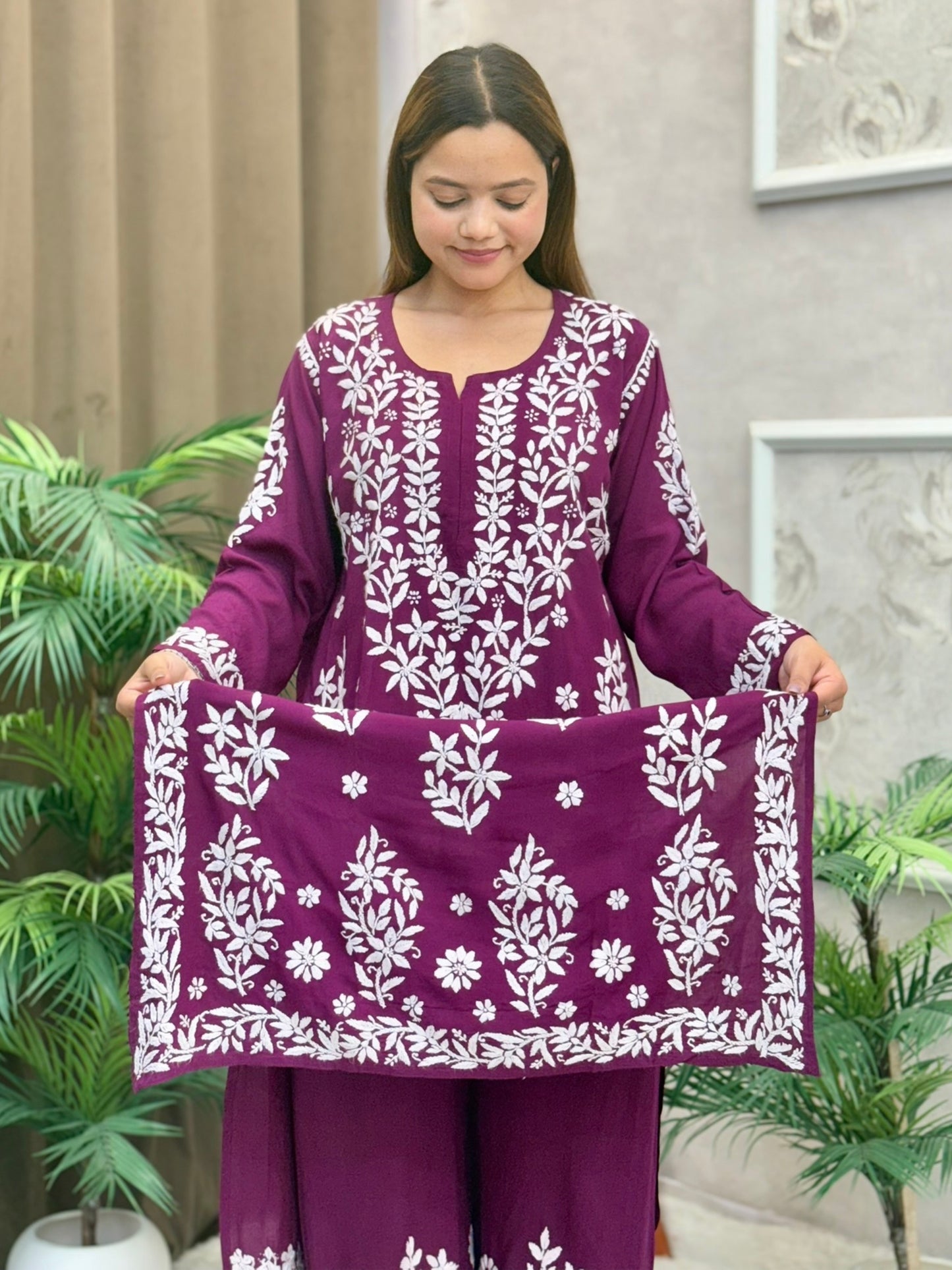 Royal plum modal chikankari kurta and palazzo set with white hand embroidery