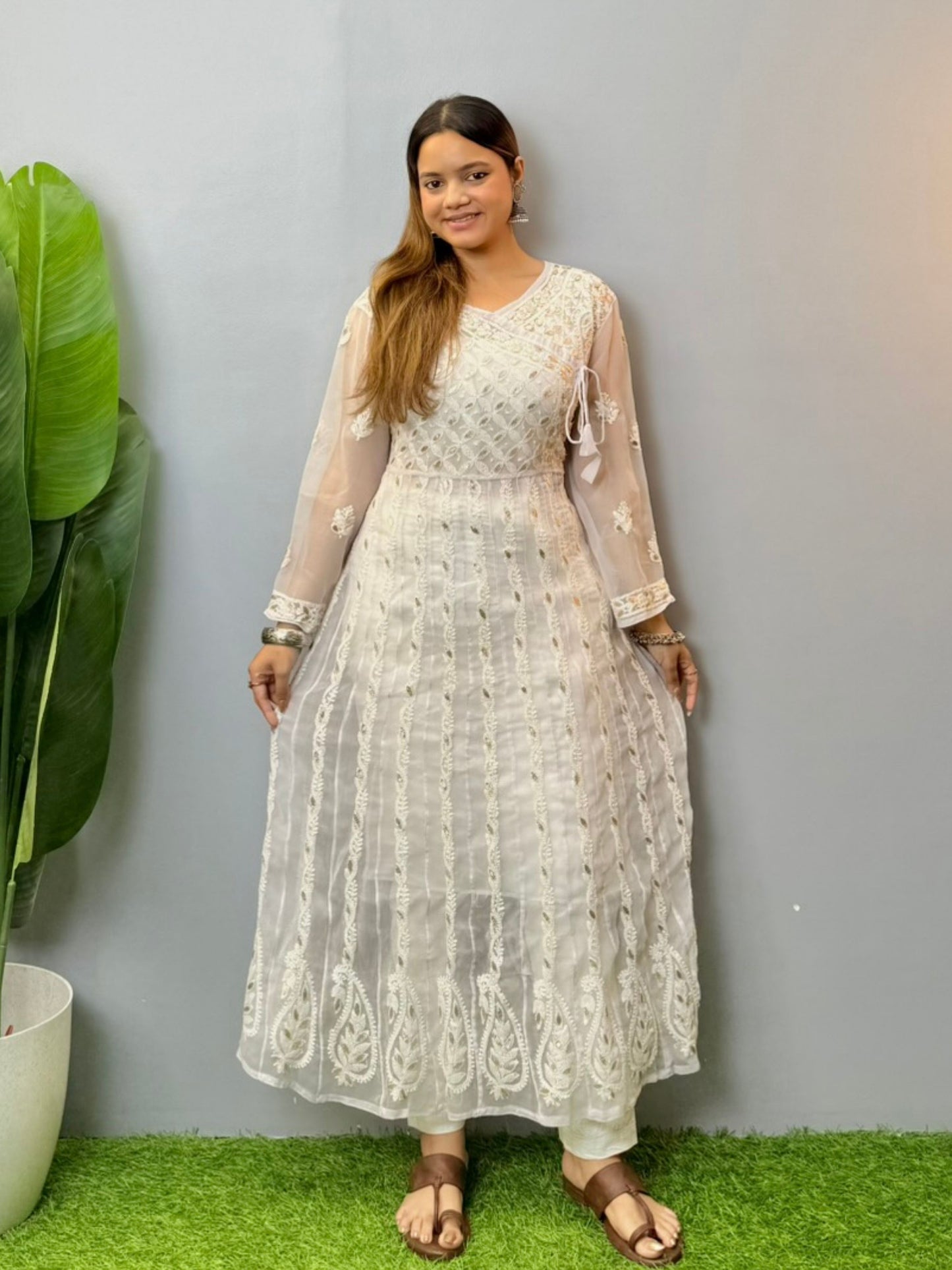 White long georgette frock with Lucknowi Chikankari embroidery and angrakha neck style