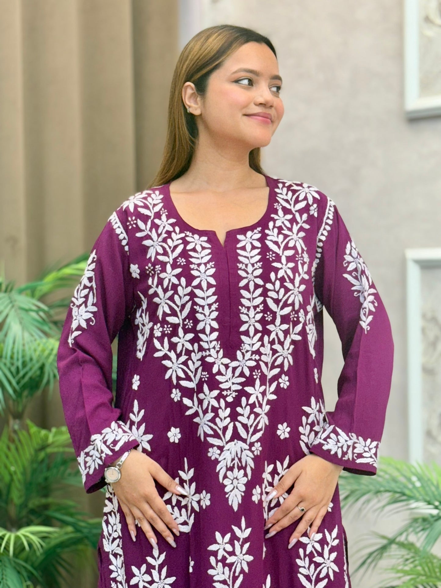 Royal plum modal chikankari kurta and palazzo set with white hand embroidery