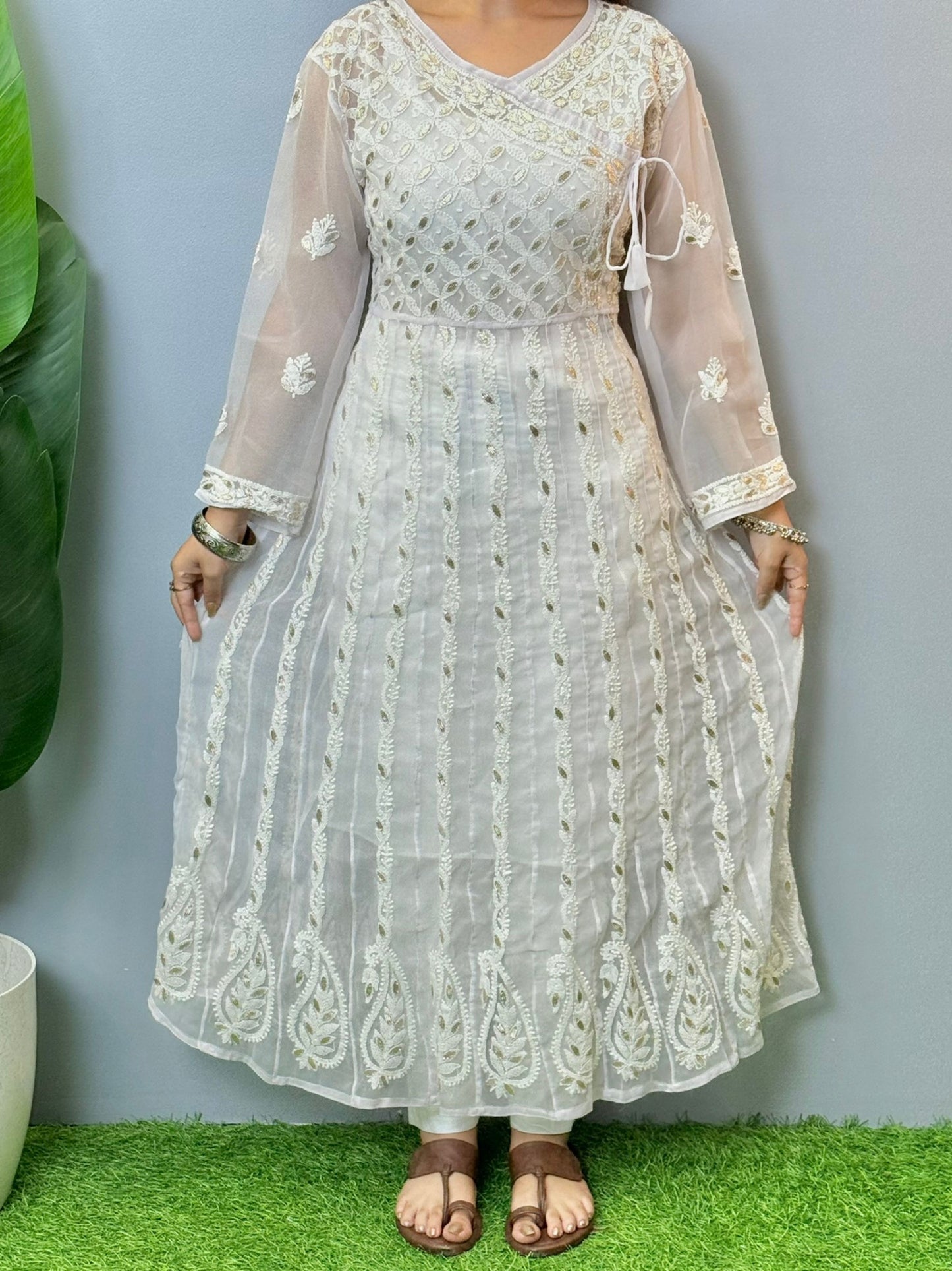 White long georgette frock with Lucknowi Chikankari embroidery and angrakha neck style